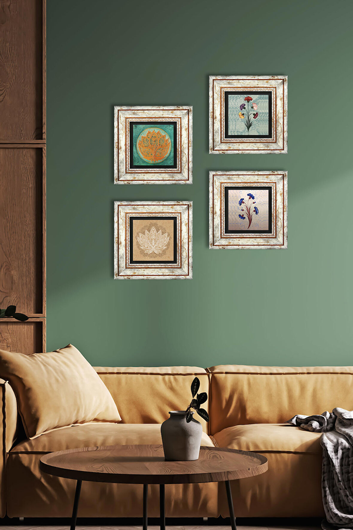 Ebru Sanatı, Lotus Çiçeği Taş Duvar Tablosu Çerçeveli Duvar Dekoru 4 Parça Tablo Seti Wall Art