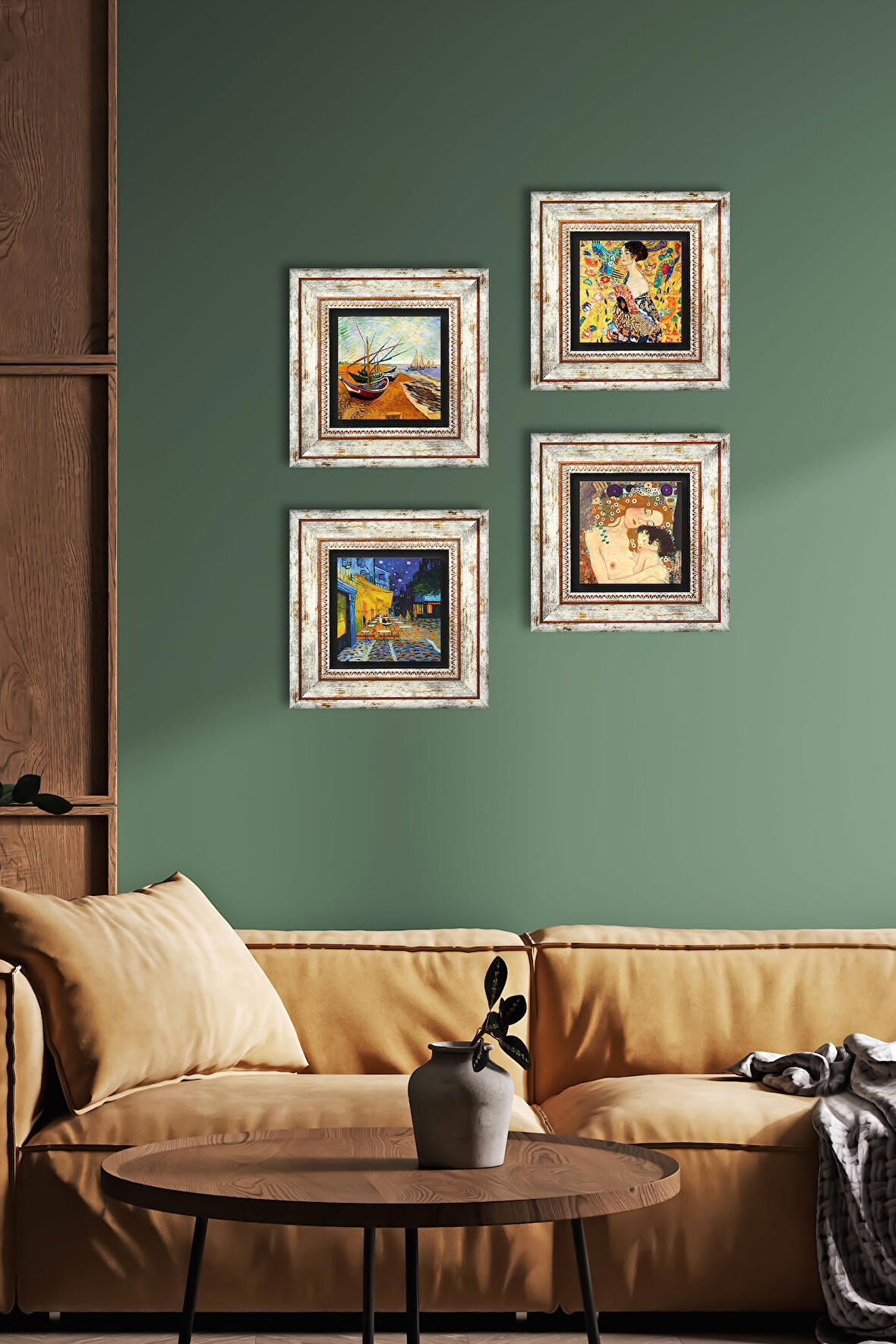 Van Gogh, Gustav Klimt Taş Duvar Tablosu Çerçeveli Duvar Dekoru 4 Parça Tablo Seti Wall Art