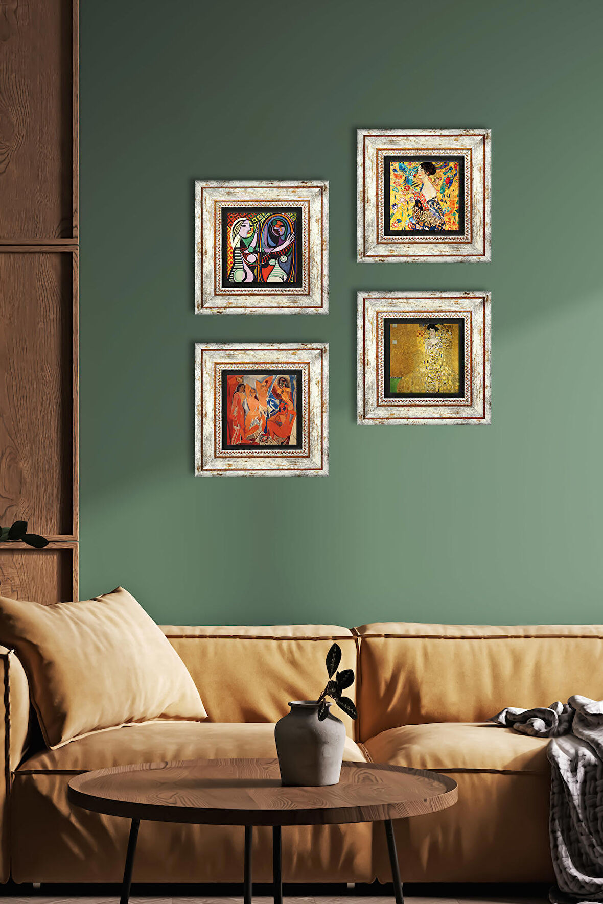 Picasso, Gustav Klimt Taş Duvar Tablosu Çerçeveli Duvar Dekoru 4 Parça Tablo Seti Wall Art