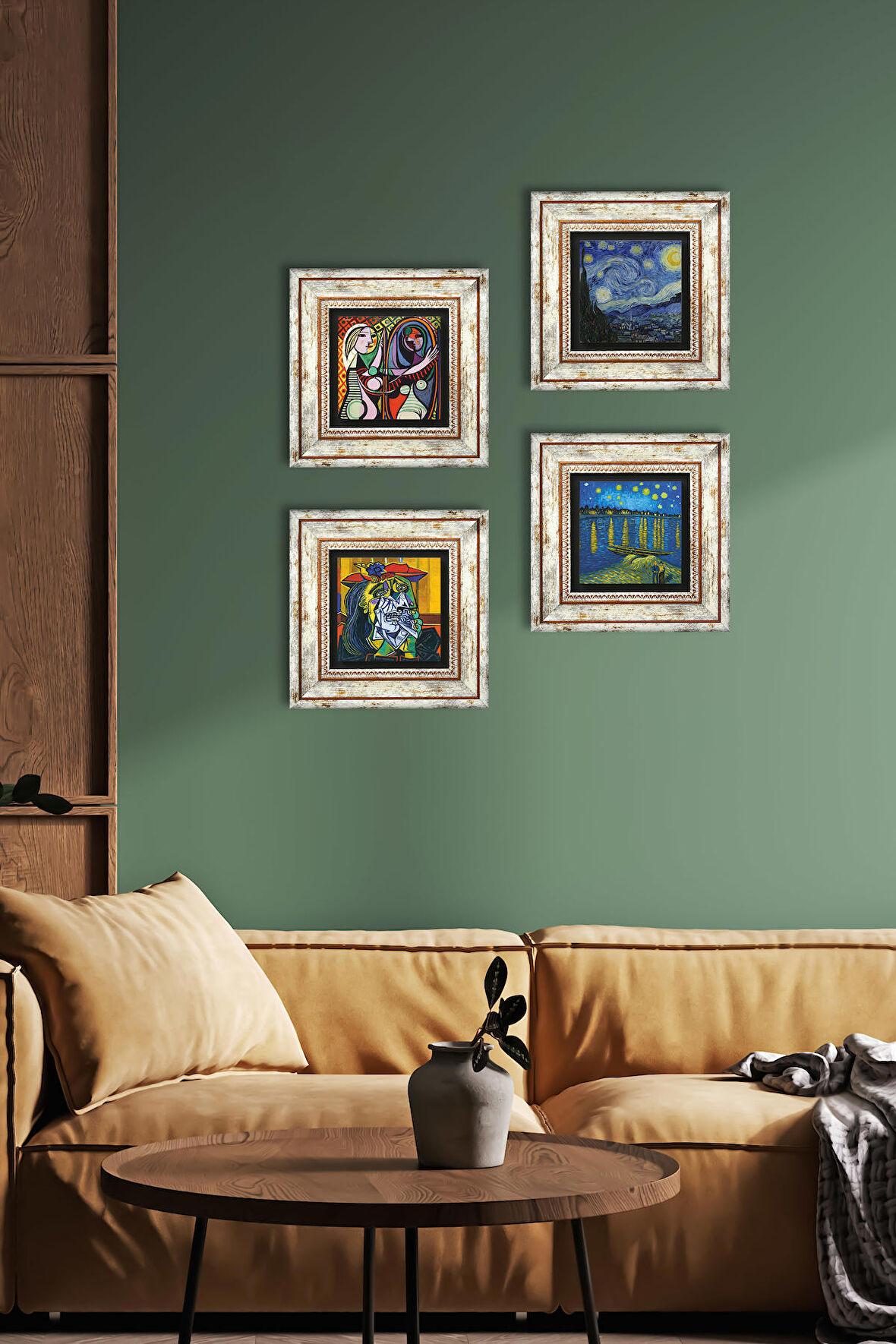 Picasso, Van Gogh Taş Duvar Tablosu Çerçeveli Duvar Dekoru 4 Parça Tablo Seti Wall Art