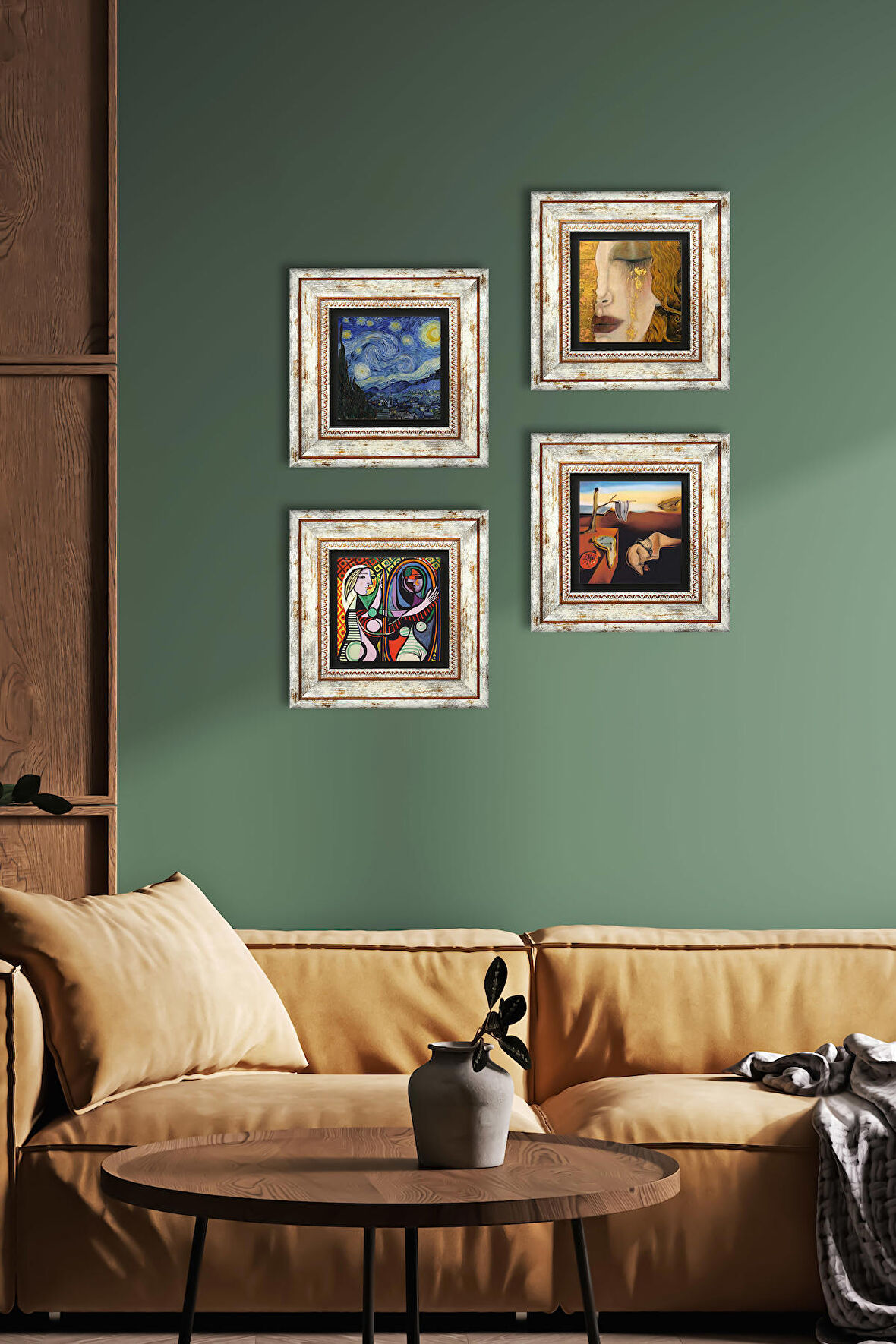 Salvador Dalí, Picasso, Van Gogh, Gustav Klimt Taş Duvar Tablosu Çerçeveli Duvar Dekoru 4 Parça Tablo Seti Wall Art