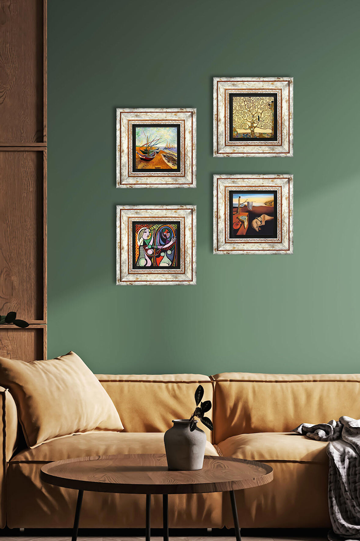 Salvador Dalí, Picasso, Van Gogh, Gustav Klimt Taş Duvar Tablosu Çerçeveli Duvar Dekoru 4 Parça Tablo Seti Wall Art