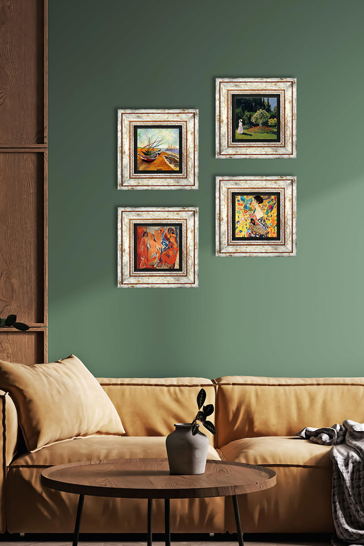 Picasso, Van Gogh, Gustav Klimt, Claude Monet Taş Duvar Tablosu Çerçeveli Duvar Dekoru 4 Parça Tablo Seti Wall Art