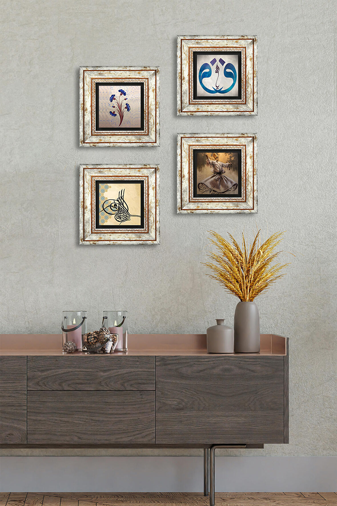 Semazen, Ebru Sanatı, Vav, Osmanlı Tuğrası Taş Duvar Tablosu Çerçeveli Duvar Dekoru 4 Parça Tablo Seti Wall Art