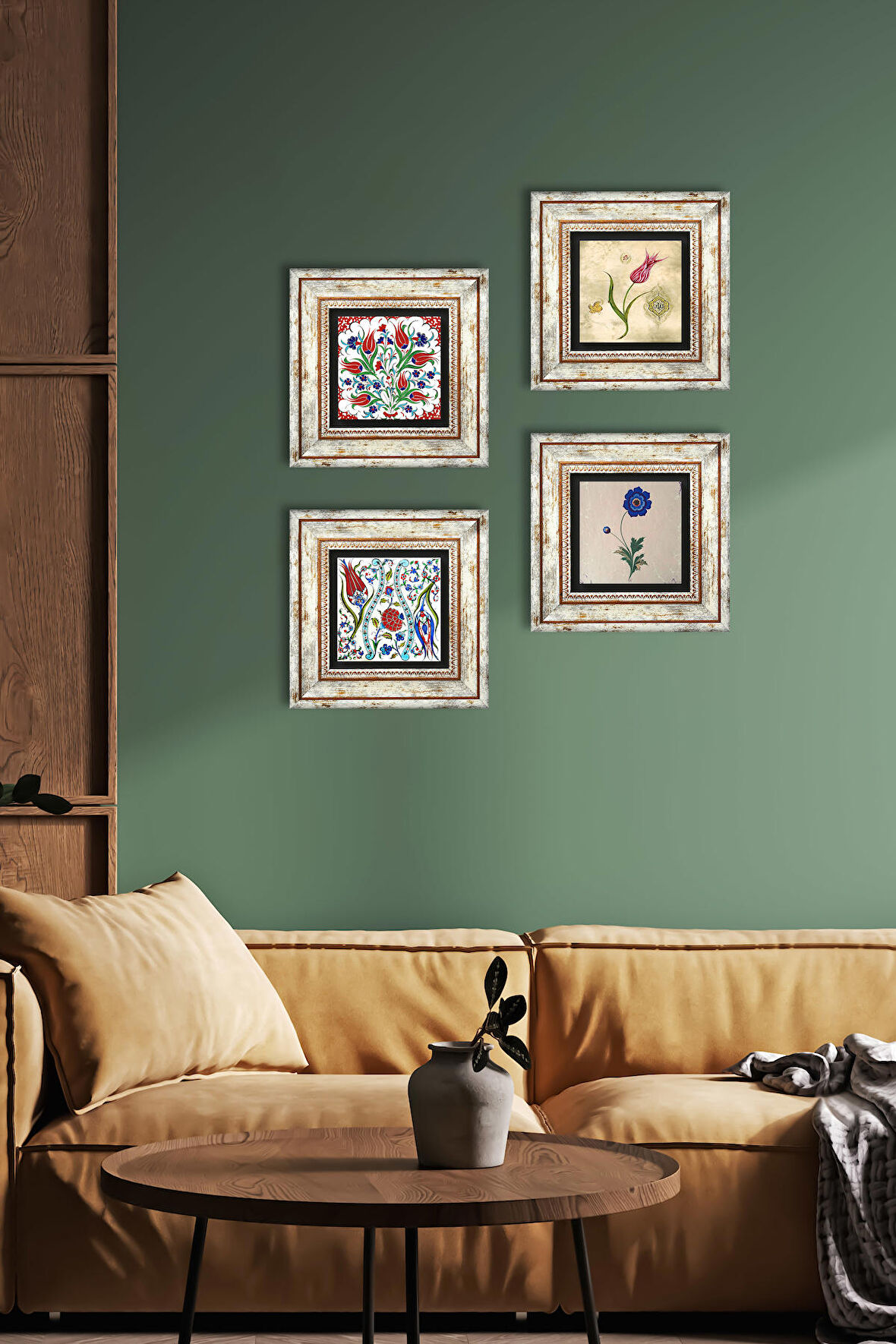 Ebru Sanatı, Lale Taş Duvar Tablosu Çerçeveli Duvar Dekoru 4 Parça Tablo Seti Wall Art