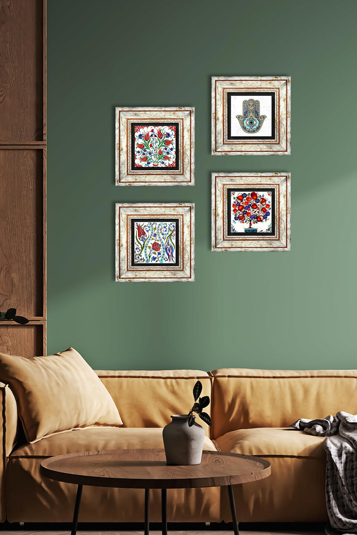 Lale, Nar Ağacı, Fatma Ana Eli (Hamsa) Taş Duvar Tablosu Çerçeveli Duvar Dekoru 4 Parça Tablo Seti Wall Art