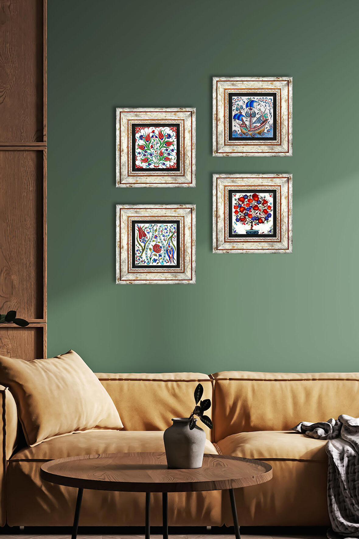 Çini Sanatı Yelkenli Gemi, Lale, Nar Ağacı Taş Duvar Tablosu Çerçeveli Duvar Dekoru 4 Parça Tablo Seti Wall Art