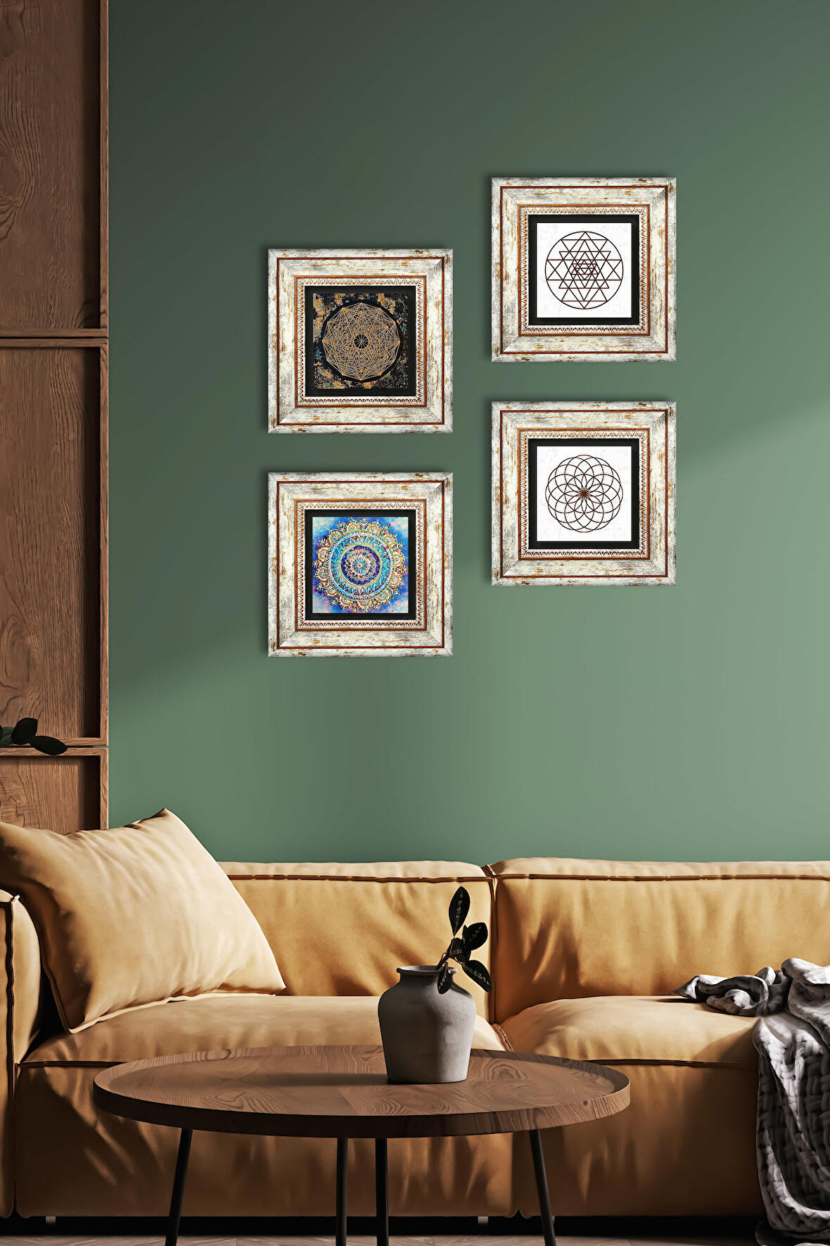 Mandala, Yaşam Çiçeği, Sri Yantra Taş Duvar Tablosu Çerçeveli Duvar Dekoru 4 Parça Tablo Seti Wall Art