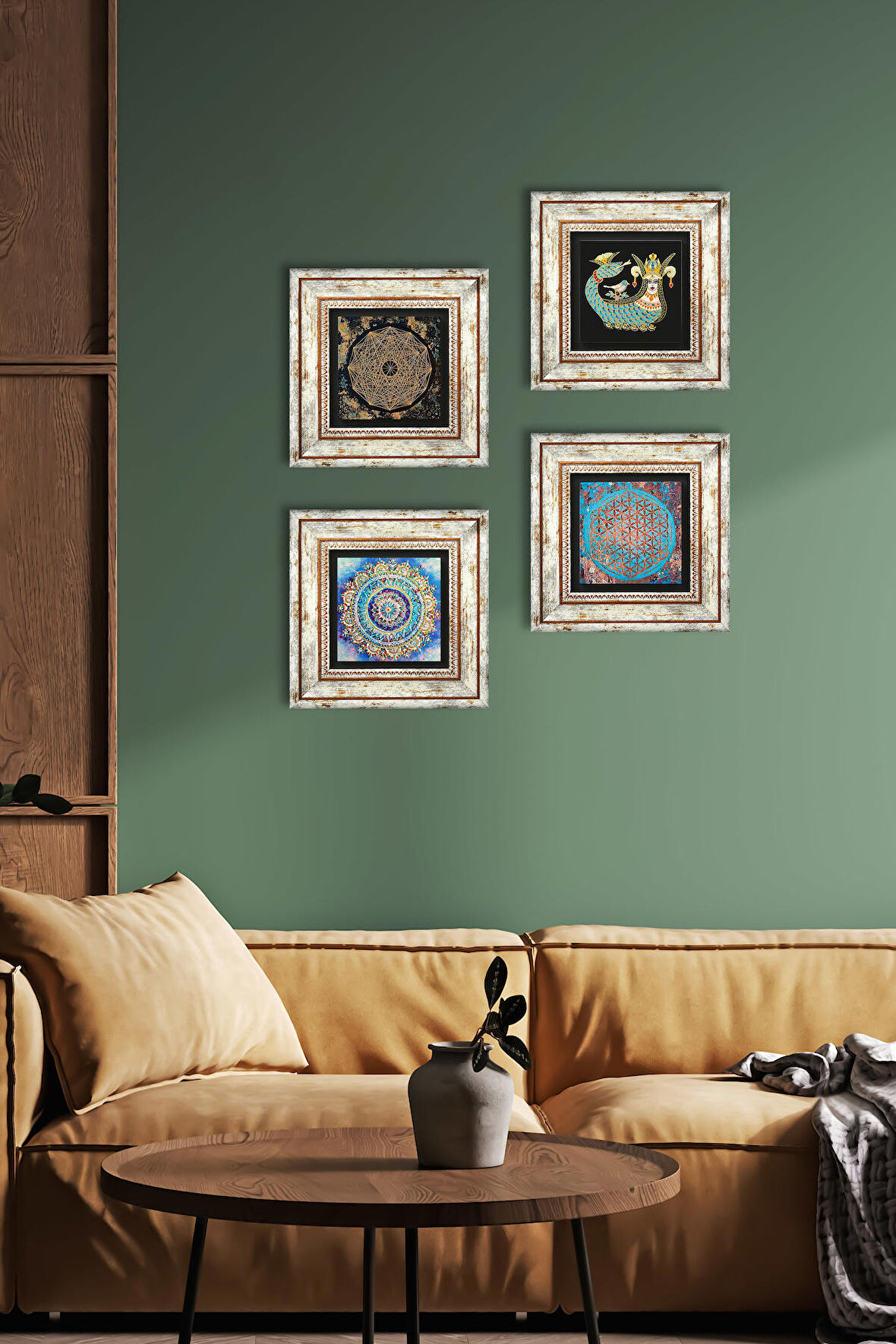 Mandala, Sri Yantra, Yaşam Çiçeği, Şahmeran Taş Duvar Tablosu Çerçeveli Duvar Dekoru 4 Parça Tablo Seti Wall Art