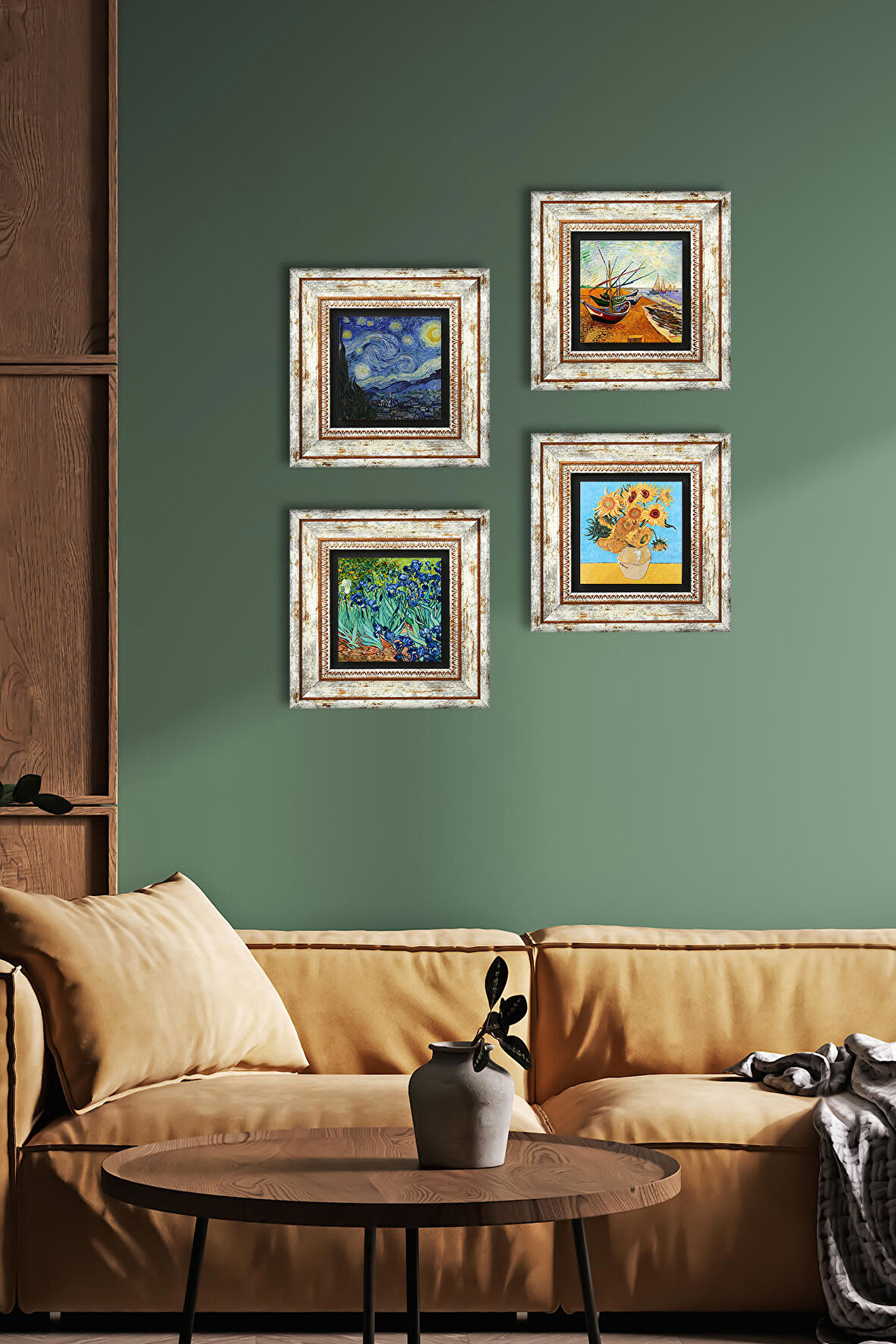 Van Gogh Taş Duvar Tablosu Çerçeveli Duvar Dekoru 4 Parça Tablo Seti Wall Art