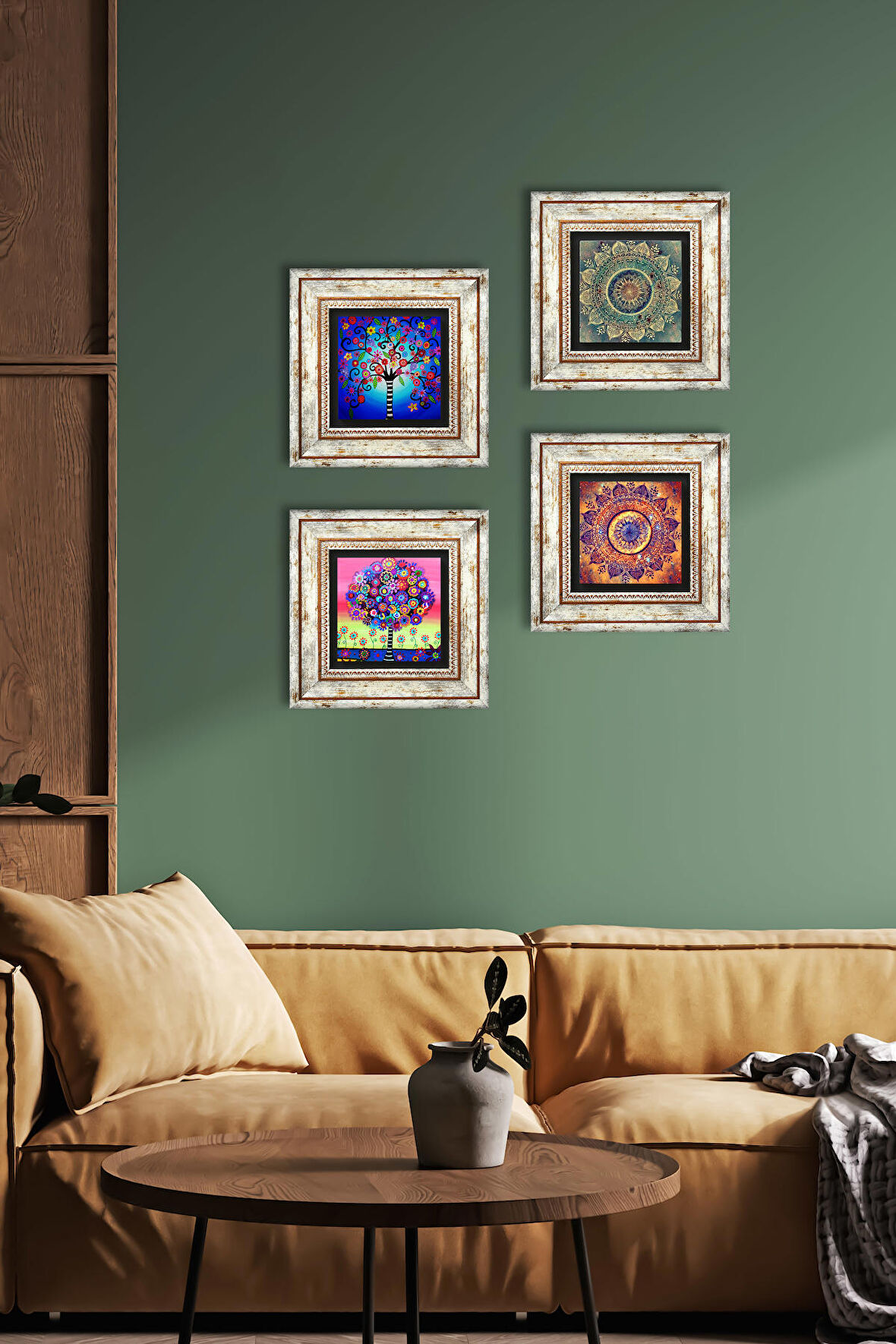 Mandala, Hayat Ağacı Taş Duvar Tablosu Çerçeveli Duvar Dekoru 4 Parça Tablo Seti Wall Art