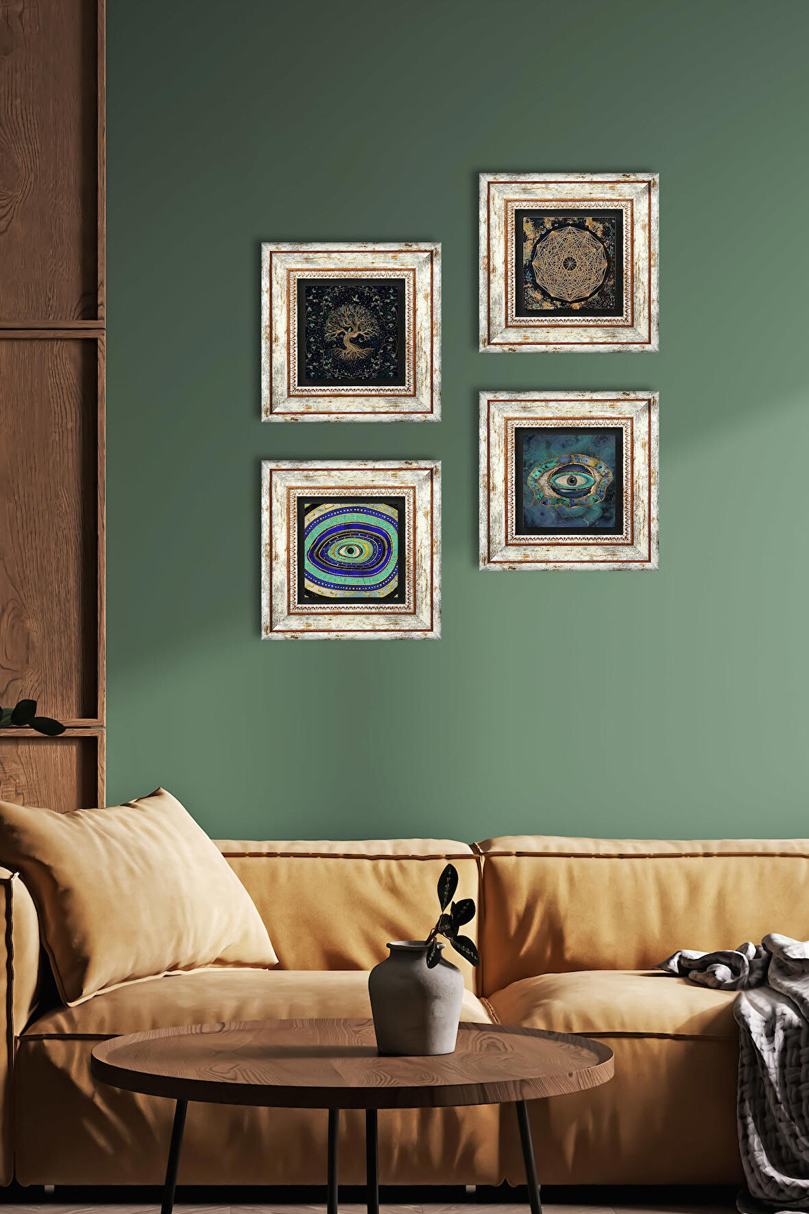 Nazar, Sri Yantra, Hayat Ağacı Taş Duvar Tablosu Çerçeveli Duvar Dekoru 4 Parça Tablo Seti Wall Art