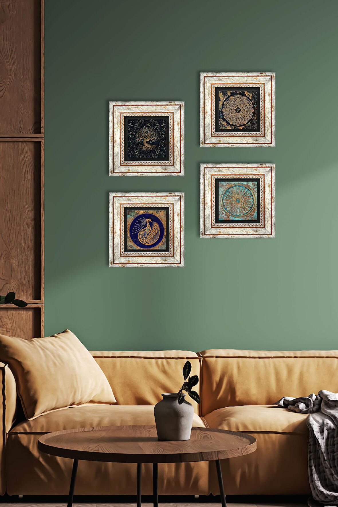 Sri Yantra, Tavus Kuşu, Yaşam Çiçeği, Hayat Ağacı Taş Duvar Tablosu Çerçeveli Duvar Dekoru 4 Parça Tablo Seti Wall Art