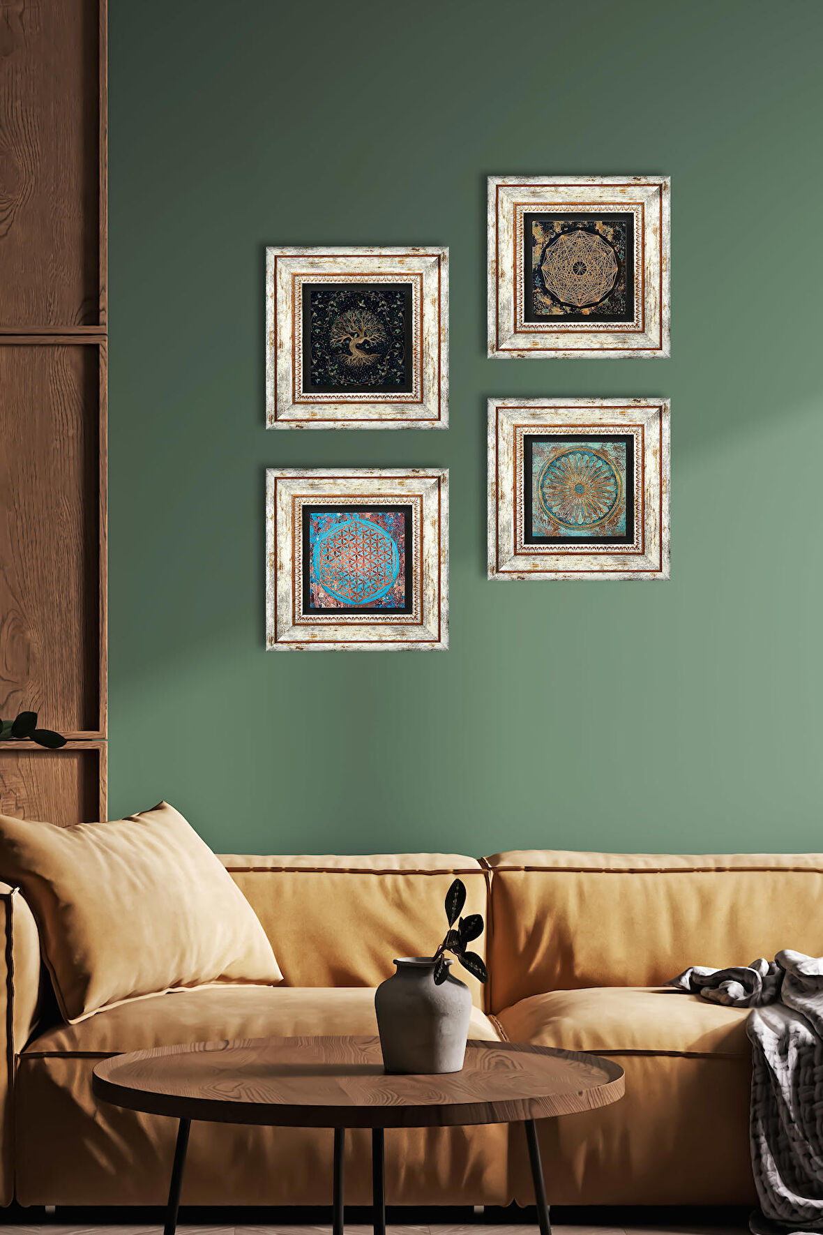 Sri Yantra, Yaşam Çiçeği, Hayat Ağacı Taş Duvar Tablosu Çerçeveli Duvar Dekoru 4 Parça Tablo Seti Wall Art