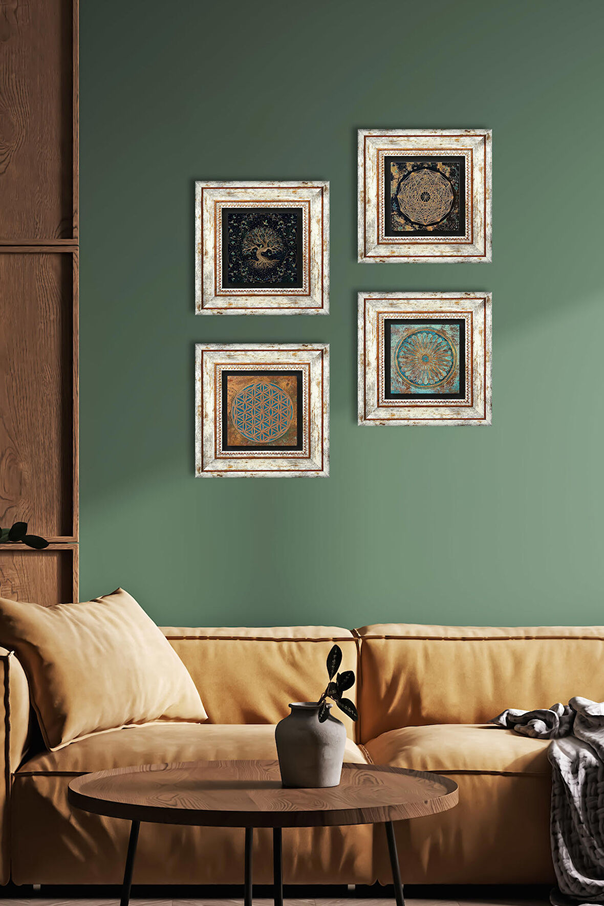 Sri Yantra, Yaşam Çiçeği, Hayat Ağacı Taş Duvar Tablosu Çerçeveli Duvar Dekoru 4 Parça Tablo Seti Wall Art