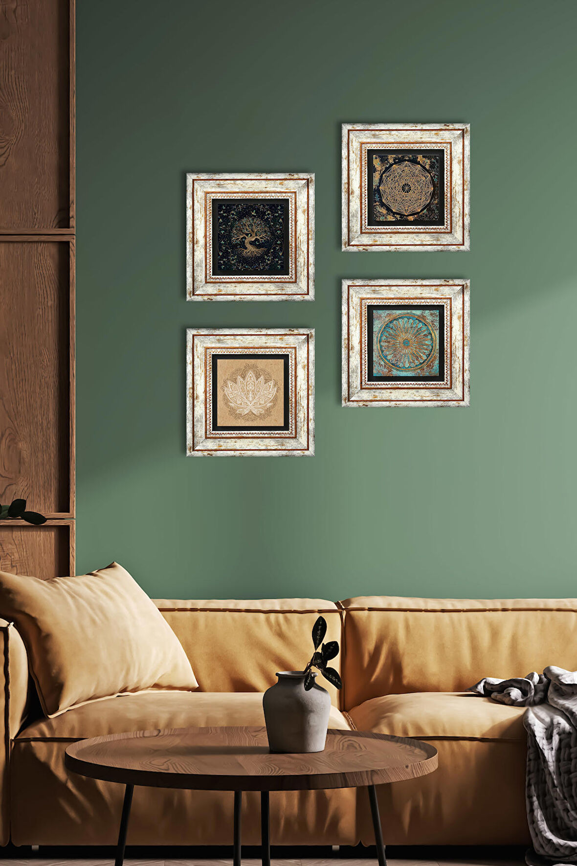 Sri Yantra, Yaşam Çiçeği, Lotus Çiçeği, Hayat Ağacı Taş Duvar Tablosu Çerçeveli Duvar Dekoru 4 Parça Tablo Seti Wall Art