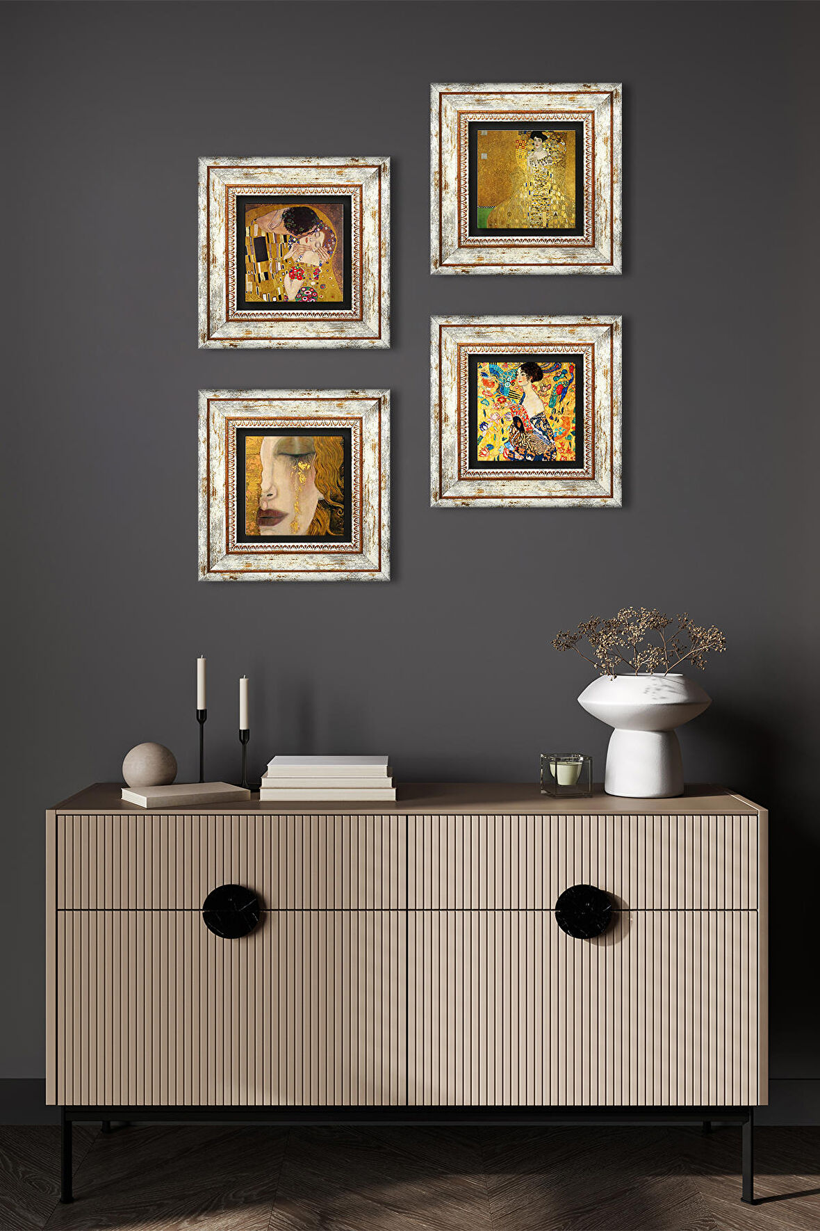 Gustav Klimt Taş Duvar Tablosu Çerçeveli Duvar Dekoru 4 Parça Tablo Seti Wall Art