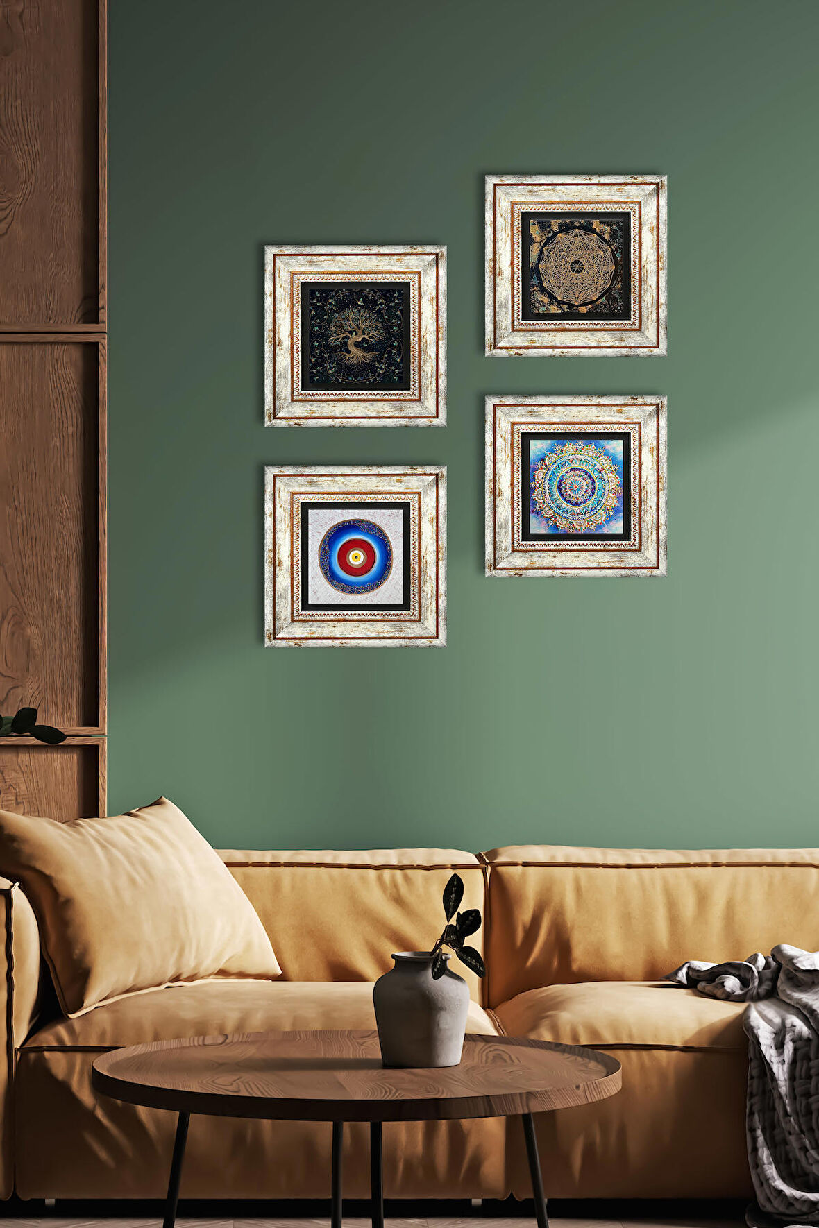 Nazar, Mandala, Sri Yantra, Hayat Ağacı Taş Duvar Tablosu Çerçeveli Duvar Dekoru 4 Parça Tablo Seti Wall Art