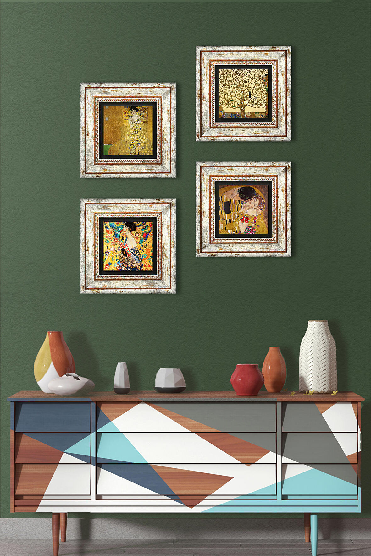 Gustav Klimt Yelpazeli Kadın, Bauer Portresi, Öpücük, Hayat Ağacı Taş Duvar Tablosu Çerçeveli Duvar Dekoru 4 Parça Tablo Seti Wall Art