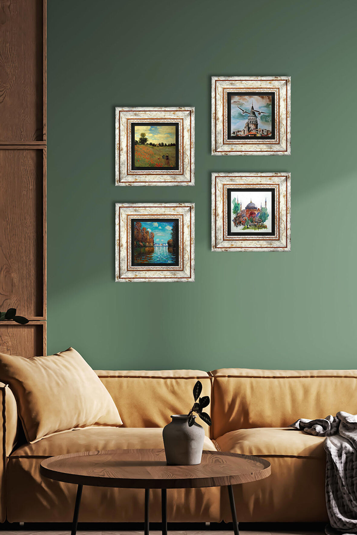 Claude Monet Sonbahar, Gelincikler, Ayasofya, Galata Kulesi Taş Duvar Tablosu Çerçeveli Duvar Dekoru 4 Parça Tablo Seti Wall Art