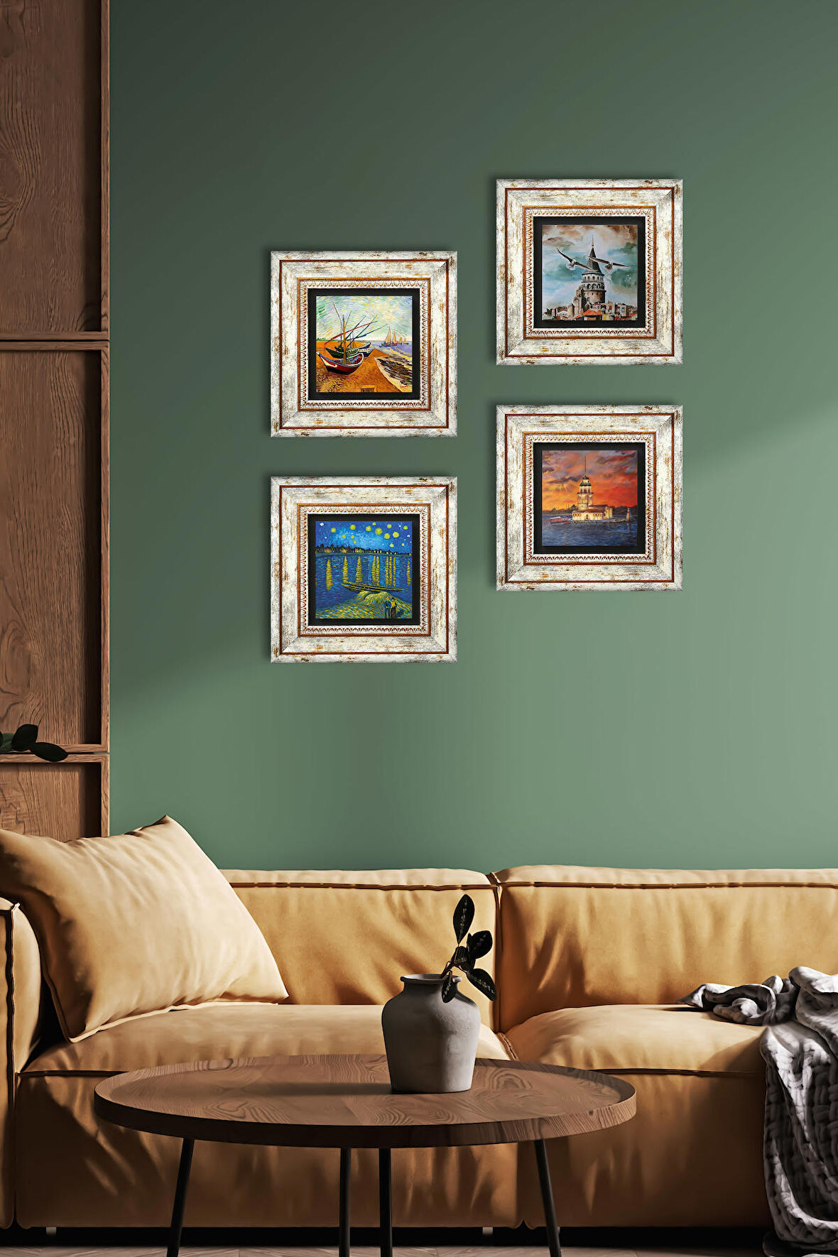 Van Gogh, İstanbul Galata Kulesi, Kız Kulesi Taş Duvar Tablosu Çerçeveli Duvar Dekoru 4 Parça Tablo Seti Wall Art