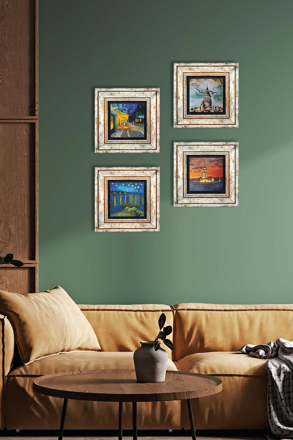 Van Gogh, İstanbul Galata Kulesi, Kız Kulesi Taş Duvar Tablosu Çerçeveli Duvar Dekoru 4 Parça Tablo Seti Wall Art