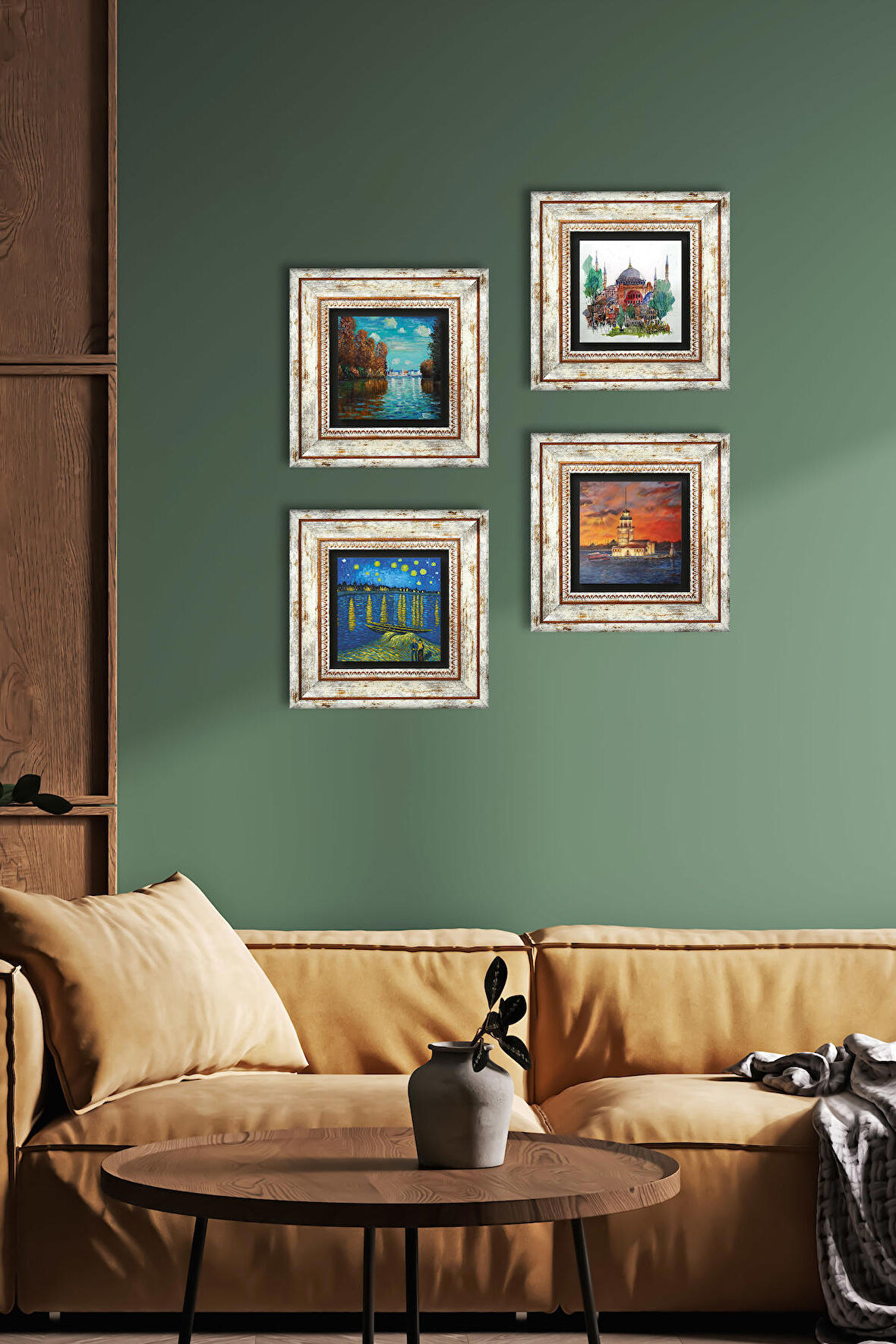 Van Gogh, Claude Monet, İstanbul Ayasofya, Kız Kulesi Taş Duvar Tablosu Çerçeveli Duvar Dekoru 4 Parça Tablo Seti Wall Art