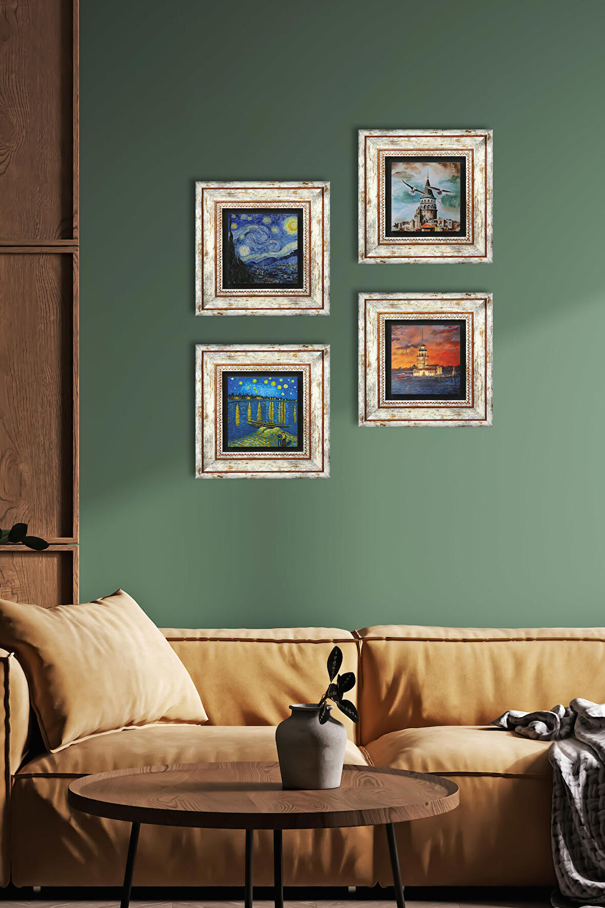 Van Gogh, İstanbul Galata Kulesi, Kız Kulesi Taş Duvar Tablosu Çerçeveli Duvar Dekoru 4 Parça Tablo Seti Wall Art