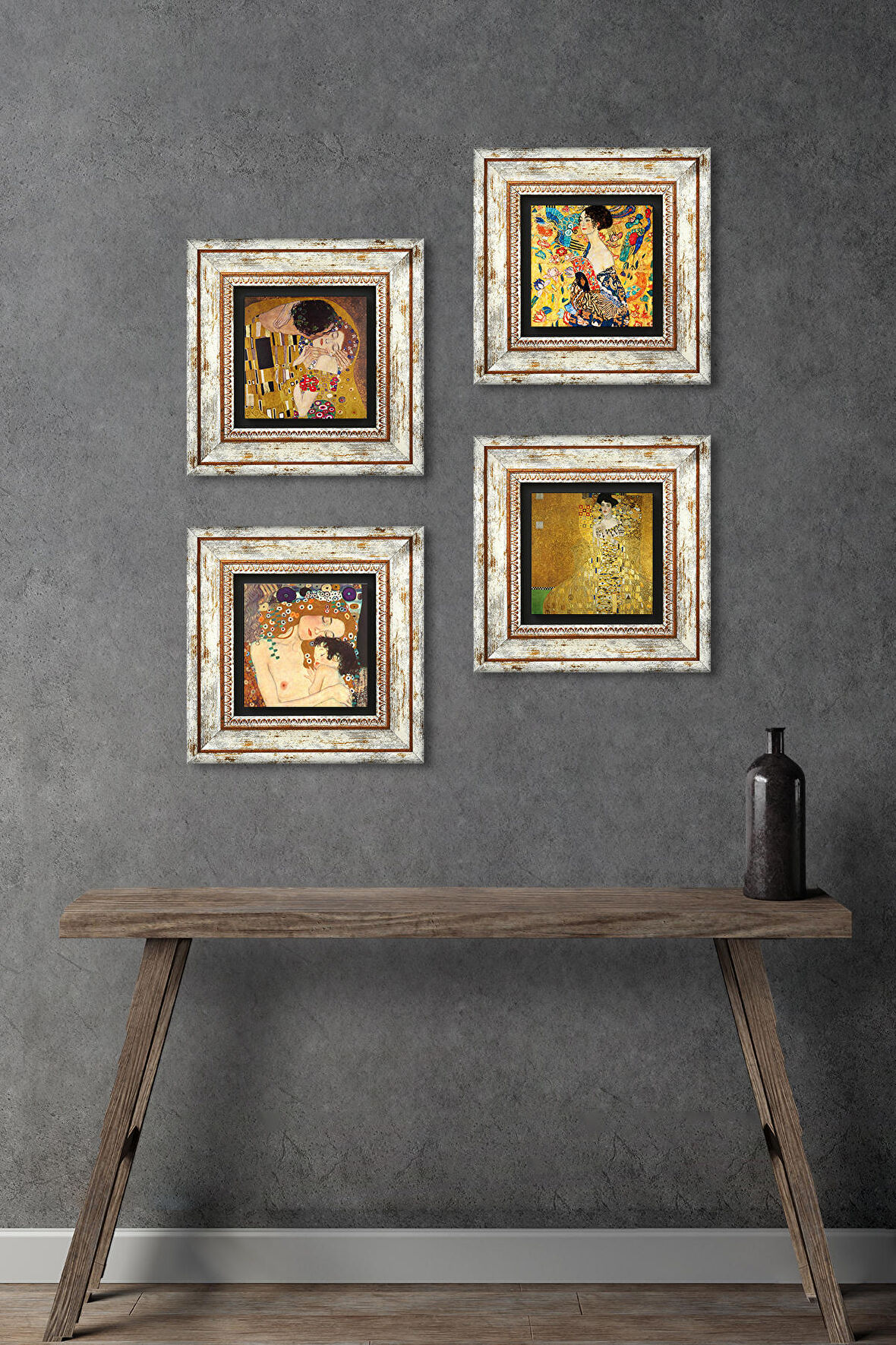 Gustav Klimt Yelpazeli Kadın, Bauer'in Portresi, Anne Çocuk, Öpücük Taş Duvar Tablosu Çerçeveli Duvar Dekoru 4 Parça Tablo Seti Wall Art