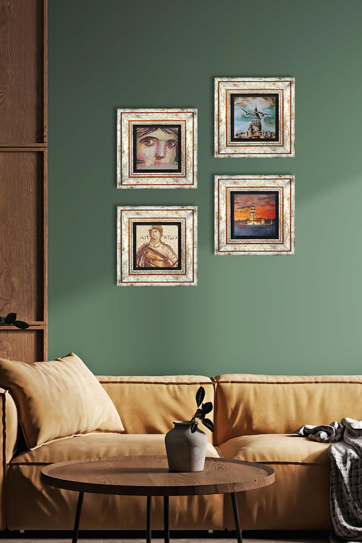 İstanbul Galata Kulesi, Kız Kulesi, Soteria, Çingene Kızı Mozaiği Taş Duvar Tablosu Çerçeveli Duvar Dekoru 4 Parça Tablo Seti Wall Art