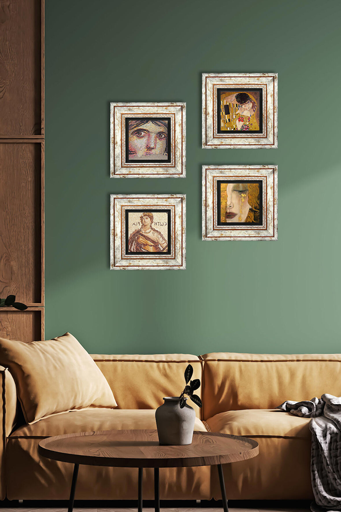 Çingene Kızı, Soteria, Gustav Klimt Altın Gözyaşları, Öpücük Taş Duvar Tablosu Çerçeveli Duvar Dekoru 4 Parça Tablo Seti Wall Art