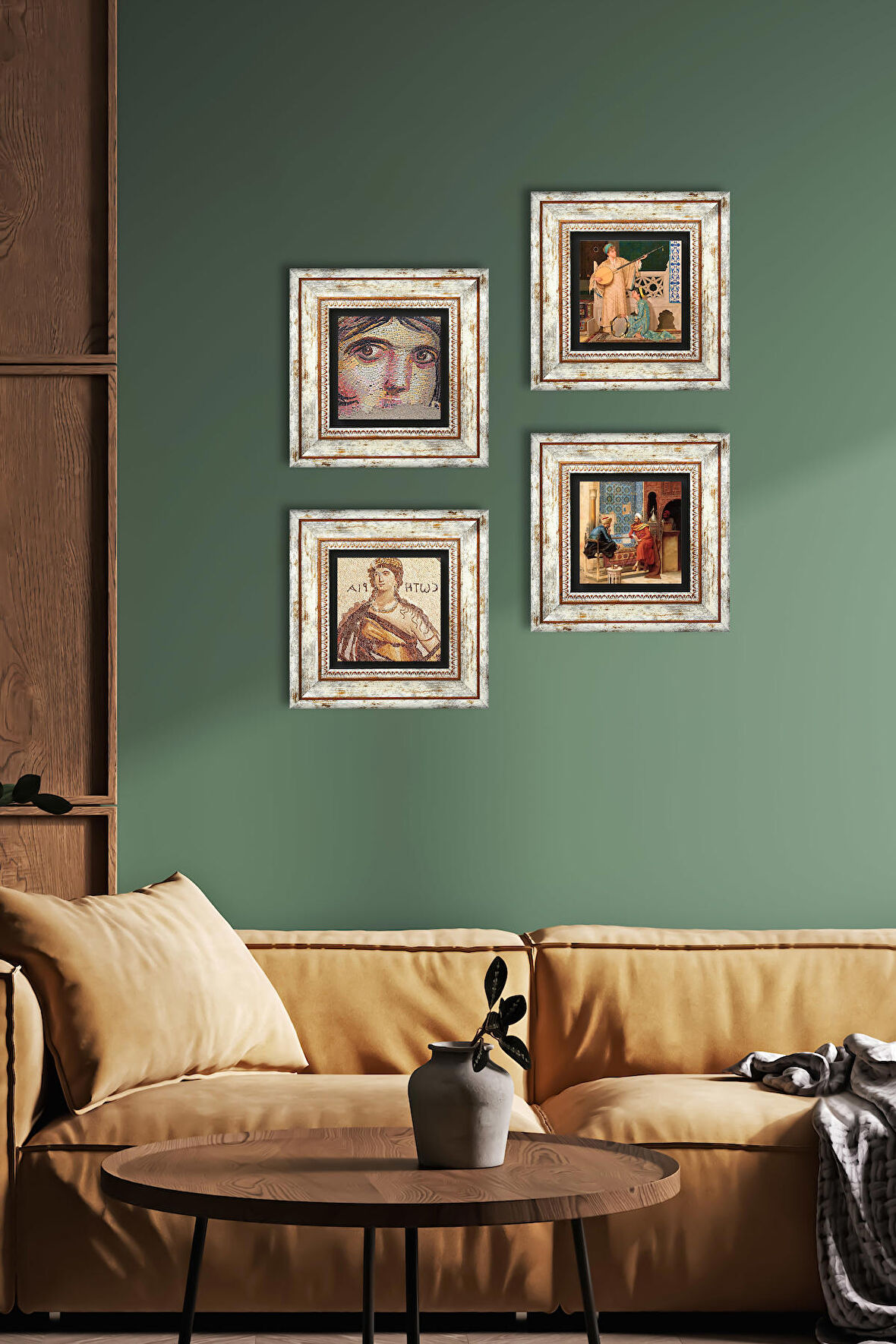 Soteria, Çingene Kızı, Satranç Oyunu, İki Müzisyen Kız Taş Duvar Tablosu Çerçeveli Duvar Dekoru 4 Parça Tablo Seti Wall Art