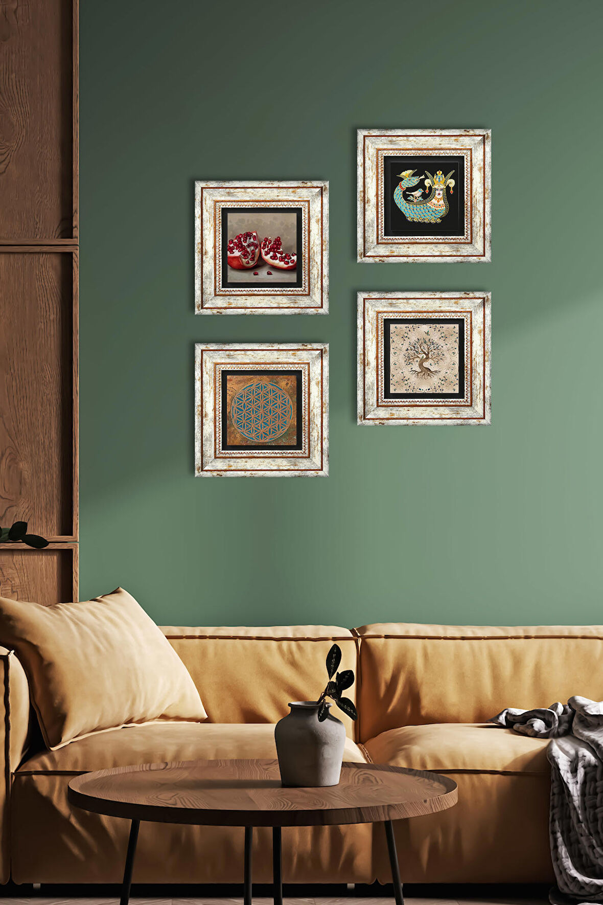 Yaşam Çiçeği, Şahmeran, Hayat Ağacı, Nar Taş Duvar Tablosu Çerçeveli Duvar Dekoru 4 Parça Tablo Seti Wall Art