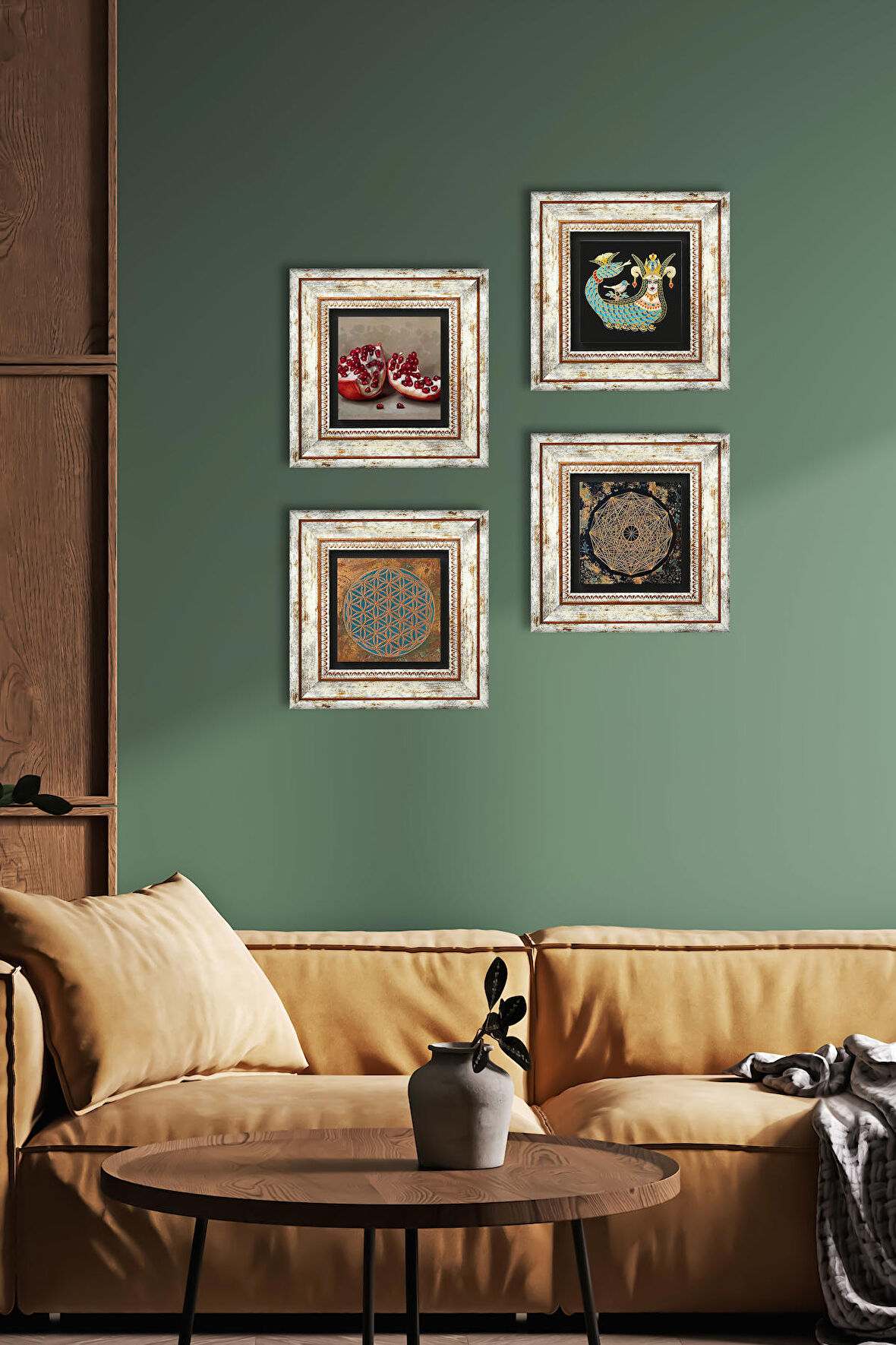 Yaşam Çiçeği, Sri Yantra, Şahmeran, Nar Taş Duvar Tablosu Çerçeveli Duvar Dekoru 4 Parça Tablo Seti Wall Art