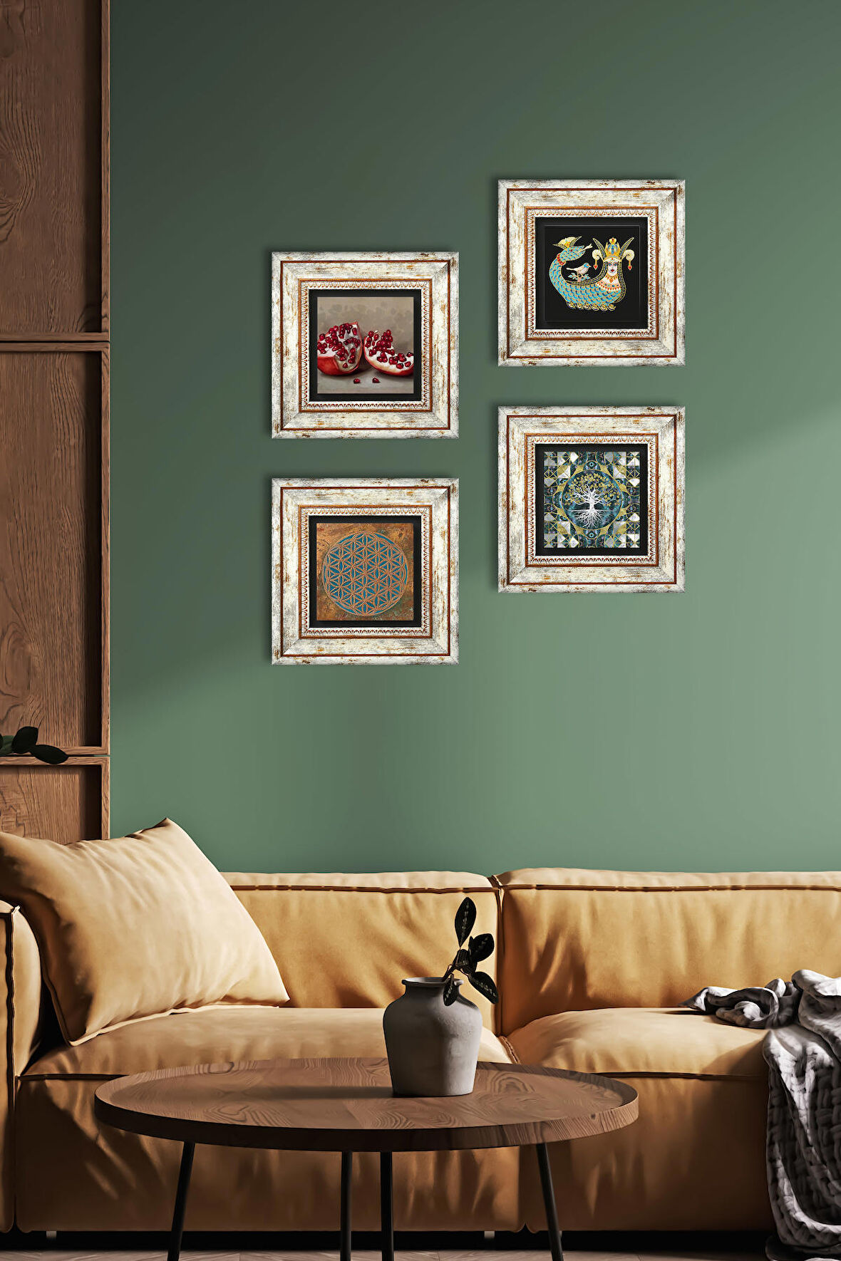 Yaşam Çiçeği, Hayat Ağacı, Şahmeran, Nar Taş Duvar Tablosu Çerçeveli Duvar Dekoru 4 Parça Tablo Seti Wall Art