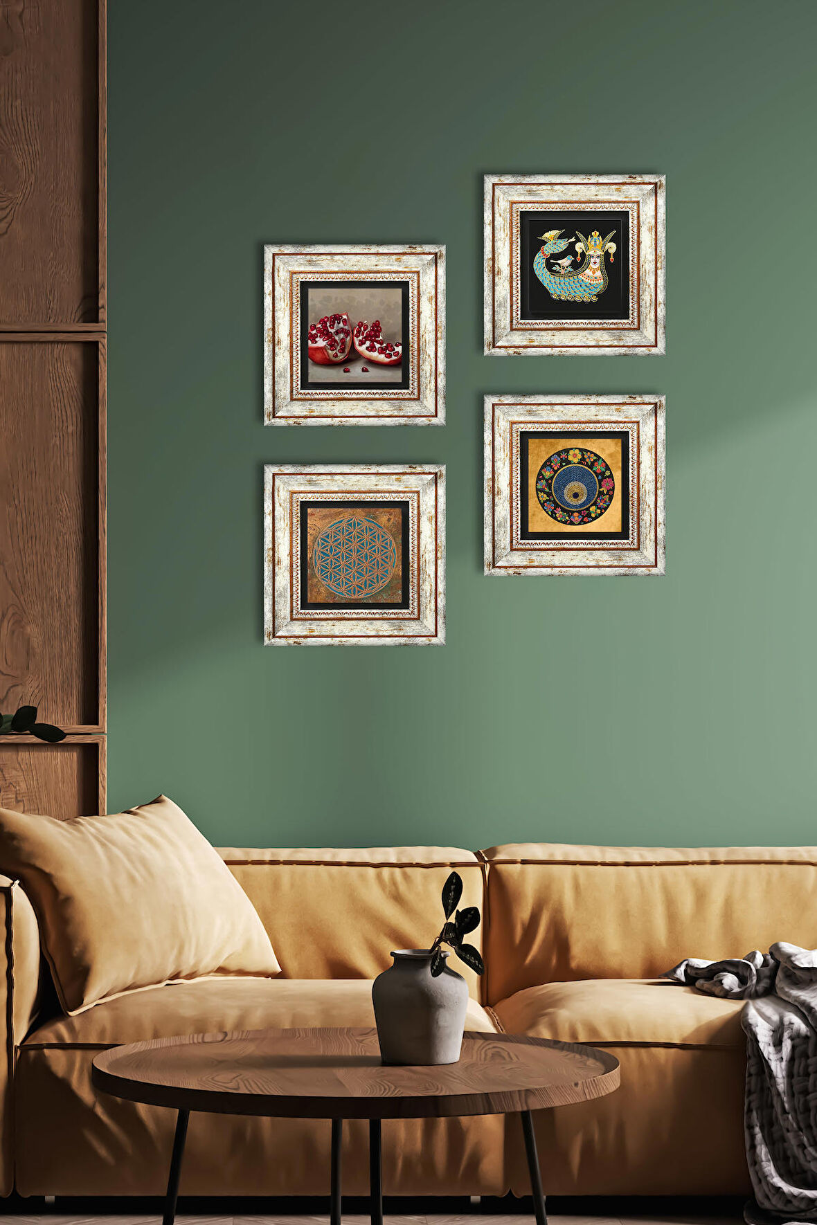 Yaşam Çiçeği, Nazar, Şahmeran, Nar Taş Duvar Tablosu Çerçeveli Duvar Dekoru 4 Parça Tablo Seti Wall Art