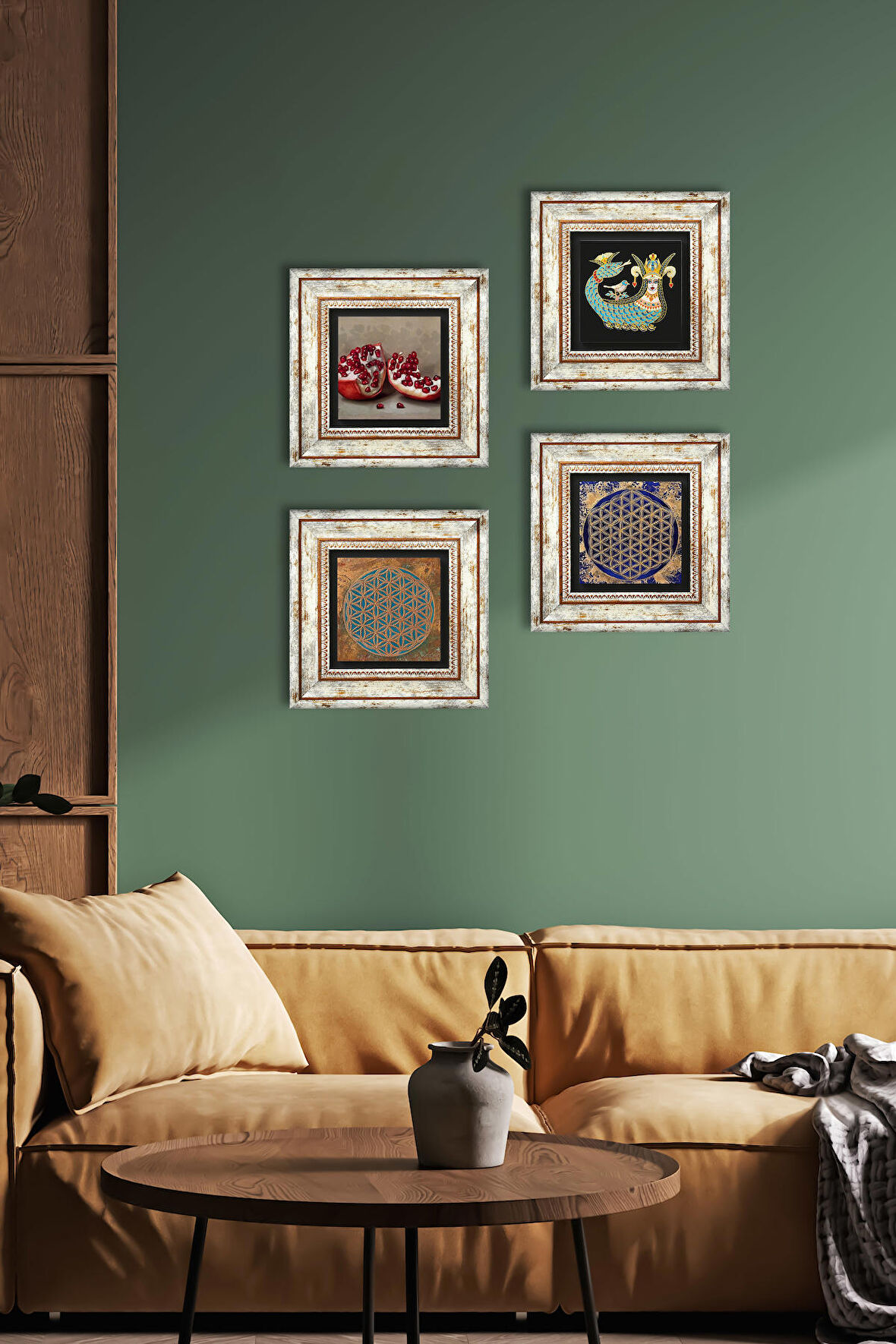 Yaşam Çiçeği, Şahmeran, Nar Taş Duvar Tablosu Çerçeveli Duvar Dekoru 4 Parça Tablo Seti Wall Art