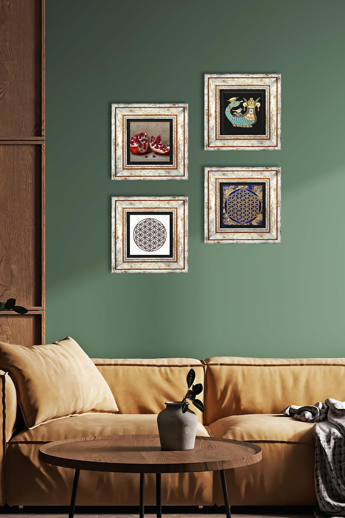 Yaşam Çiçeği, Şahmeran, Nar Taş Duvar Tablosu Çerçeveli Duvar Dekoru 4 Parça Tablo Seti Wall Art