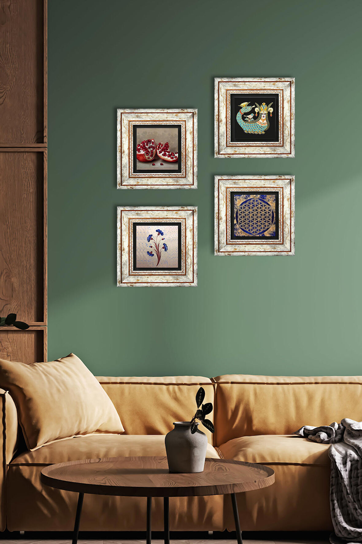 Ebru Sanatı, Yaşam Çiçeği, Şahmeran, Nar Taş Duvar Tablosu Çerçeveli Duvar Dekoru 4 Parça Tablo Seti Wall Art