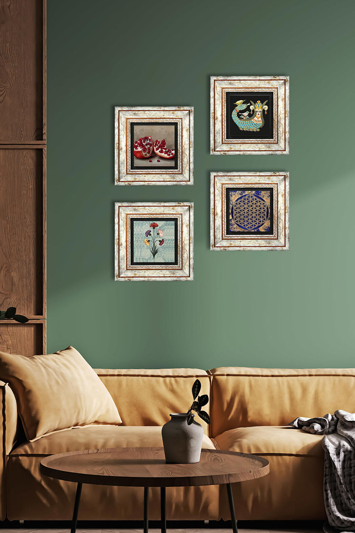 Ebru Sanatı, Yaşam Çiçeği, Şahmeran, Nar Taş Duvar Tablosu Çerçeveli Duvar Dekoru 4 Parça Tablo Seti Wall Art