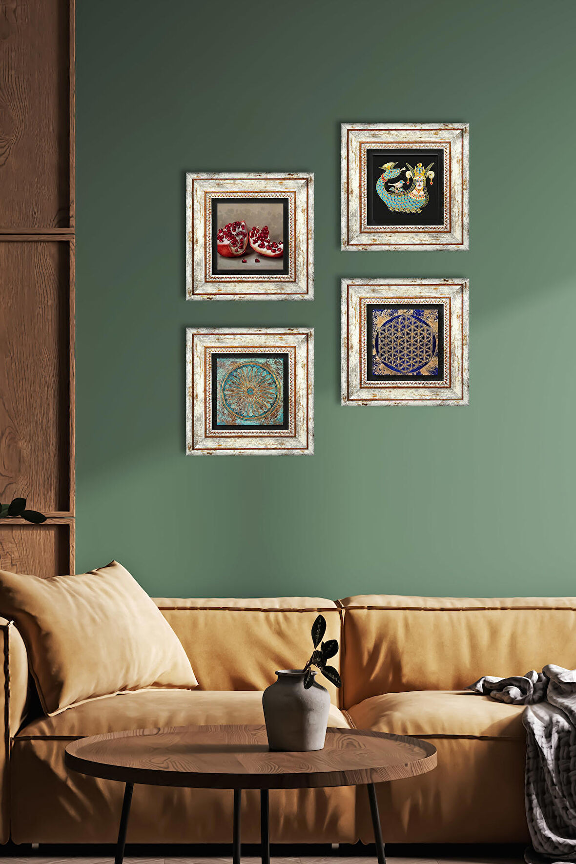 Yaşam Çiçeği, Şahmeran, Nar Taş Duvar Tablosu Çerçeveli Duvar Dekoru 4 Parça Tablo Seti Wall Art