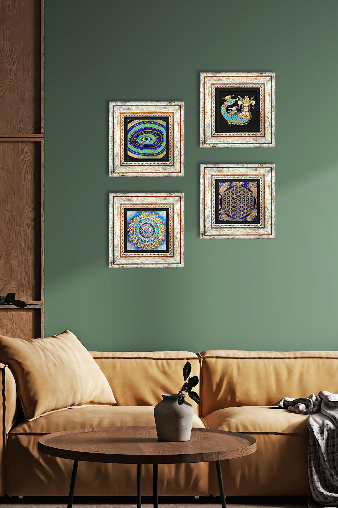 Mandala, Nazar, Yaşam Çiçeği, Şahmeran Taş Duvar Tablosu Çerçeveli Duvar Dekoru 4 Parça Tablo Seti Wall Art