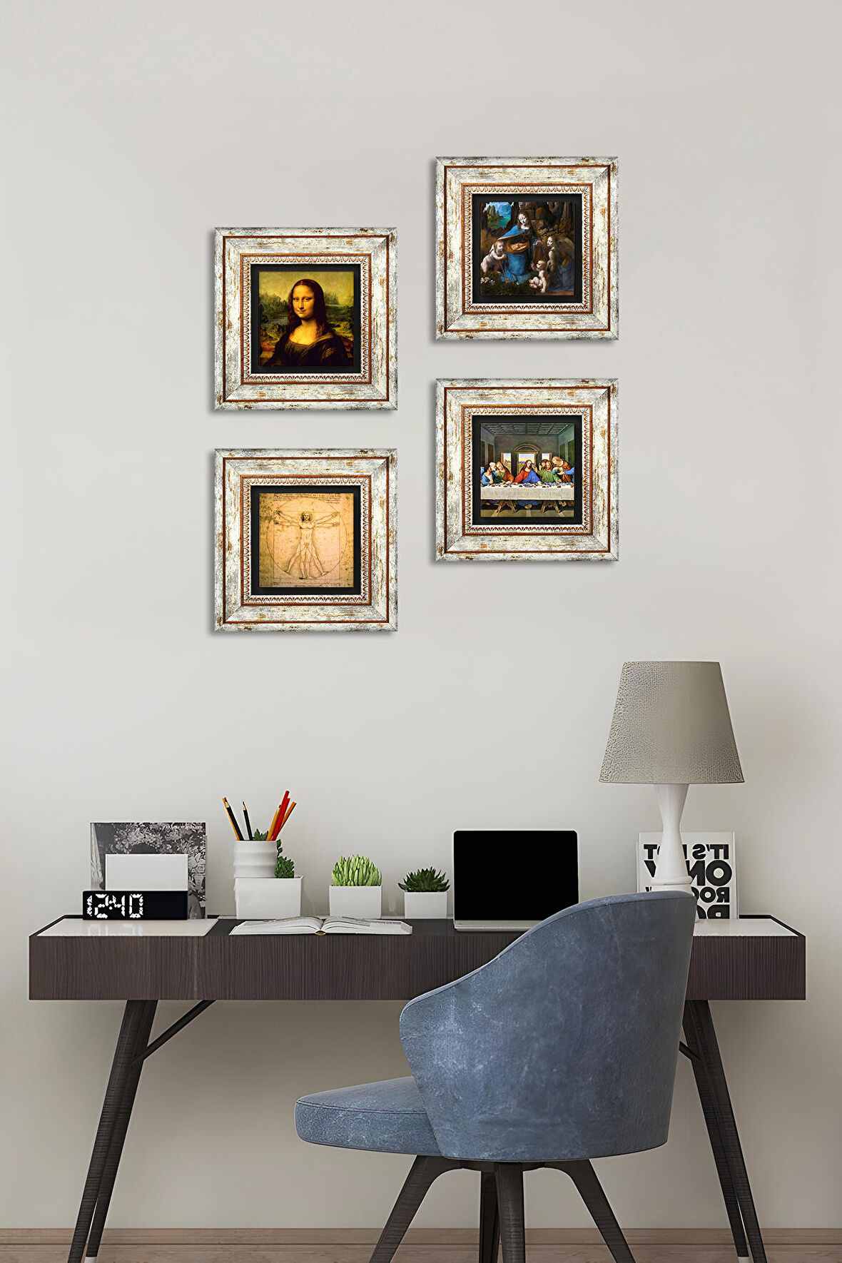 Leonardo da Vinci Taş Duvar Tablosu Çerçeveli Duvar Dekoru 4 Parça Tablo Seti Wall Art