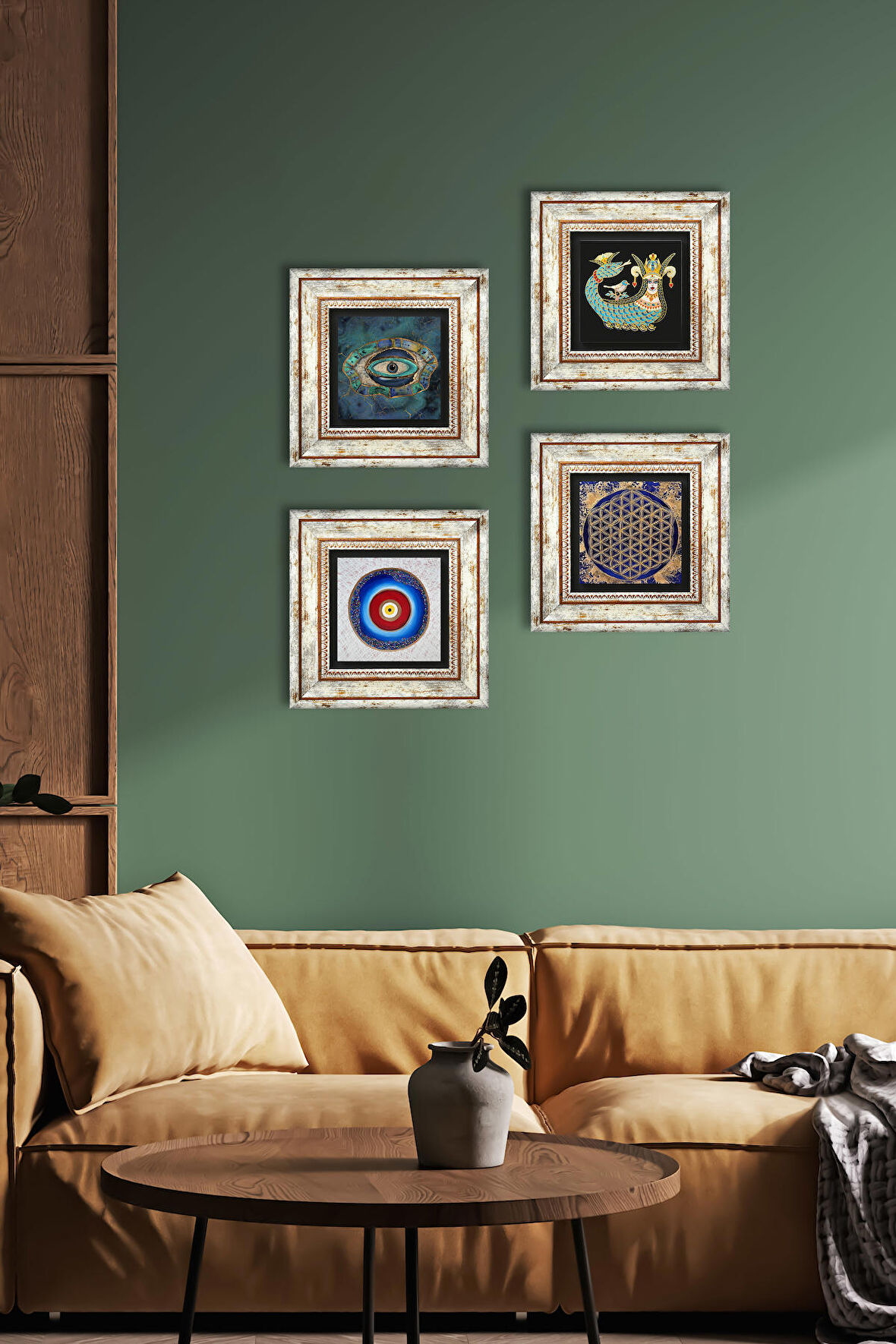 Nazar, Yaşam Çiçeği, Şahmeran Taş Duvar Tablosu Çerçeveli Duvar Dekoru 4 Parça Tablo Seti Wall Art