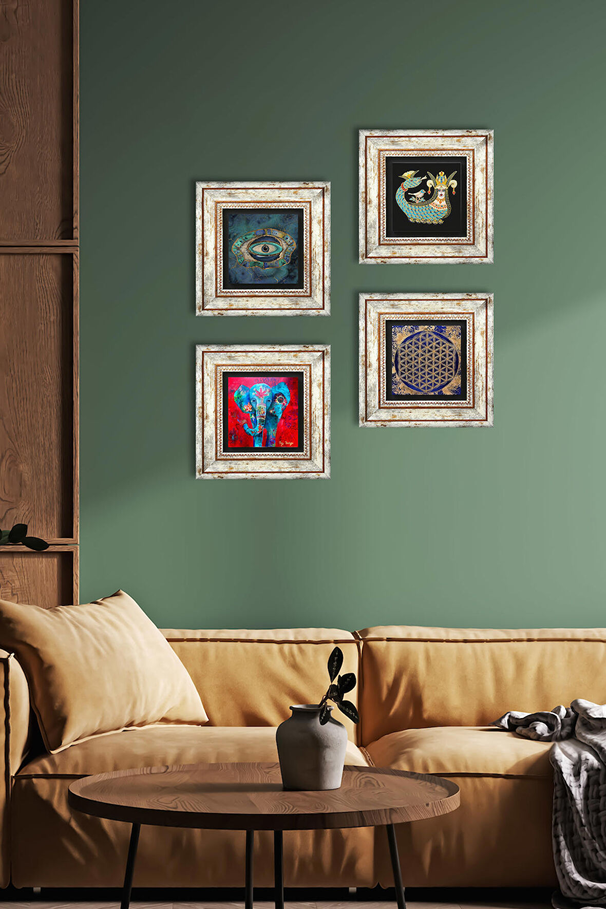 Fil, Nazar, Yaşam Çiçeği, Şahmeran Taş Duvar Tablosu Çerçeveli Duvar Dekoru 4 Parça Tablo Seti Wall Art