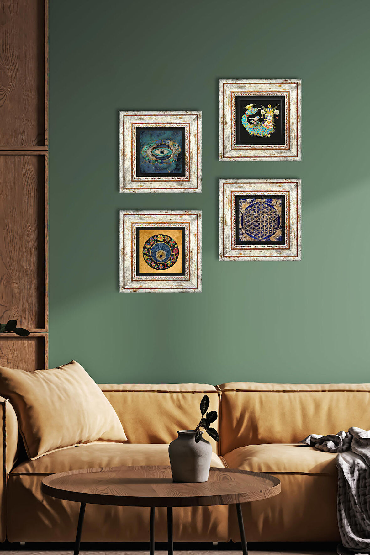 Yaşam Çiçeği, Nazar, Şahmeran Taş Duvar Tablosu Çerçeveli Duvar Dekoru 4 Parça Tablo Seti Wall Art