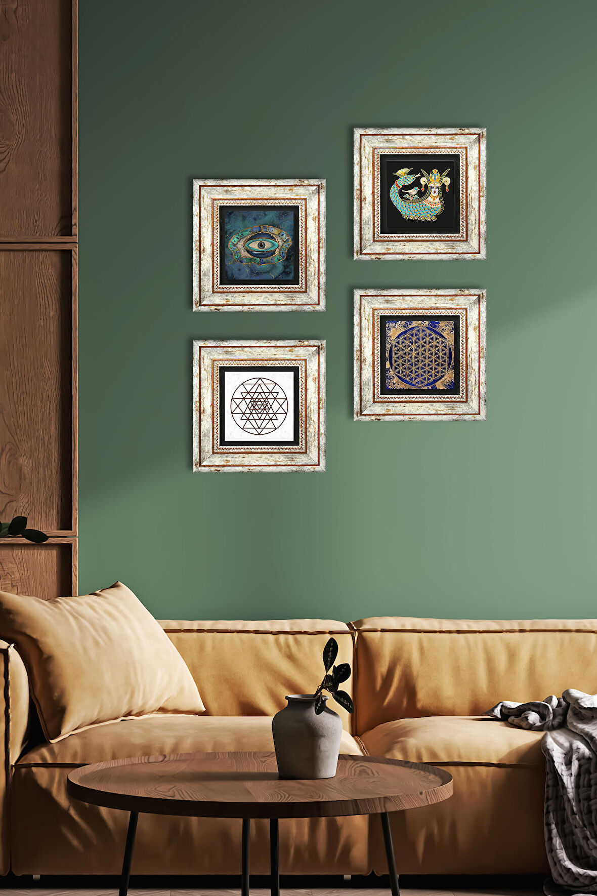 Nazar, Sri Yantra, Yaşam Çiçeği, Şahmeran Taş Duvar Tablosu Çerçeveli Duvar Dekoru 4 Parça Tablo Seti Wall Art