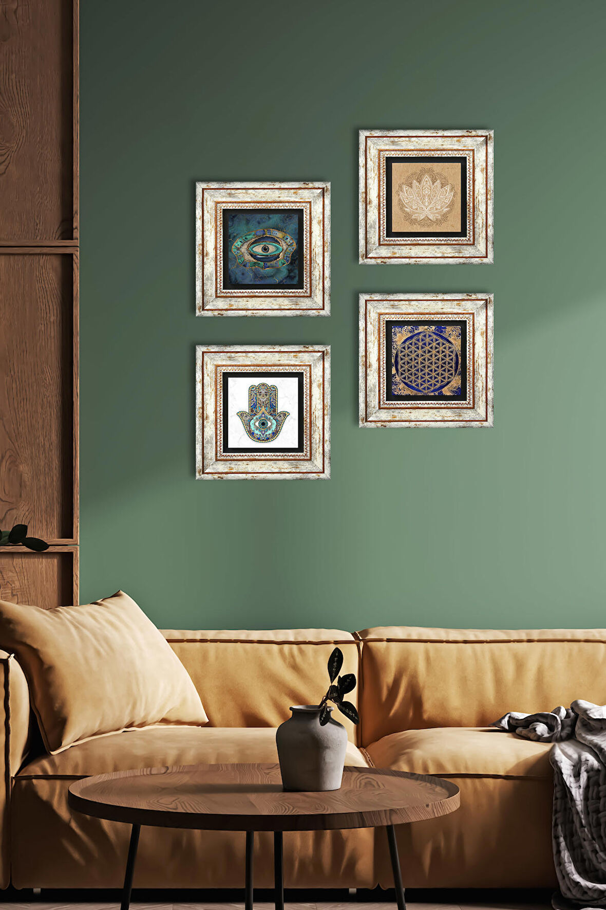 Nazar, Lotus Çiçeği, Yaşam Çiçeği, Fatma Ana Eli (Hamsa) Taş Duvar Tablosu Çerçeveli Duvar Dekoru 4 Parça Tablo Seti Wall Art