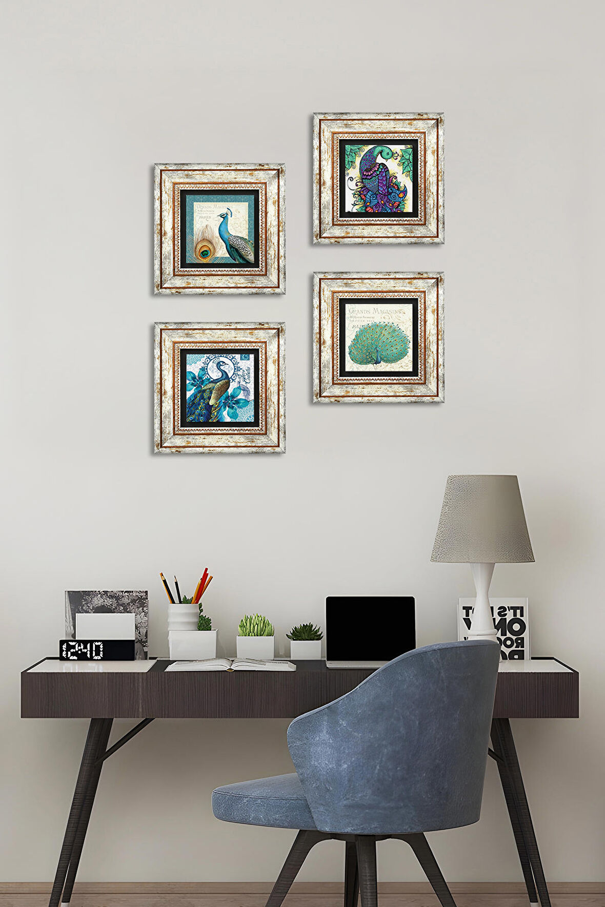 Tavus Kuşu Taş Duvar Tablosu Çerçeveli Duvar Dekoru 4 Parça Tablo Seti Wall Art