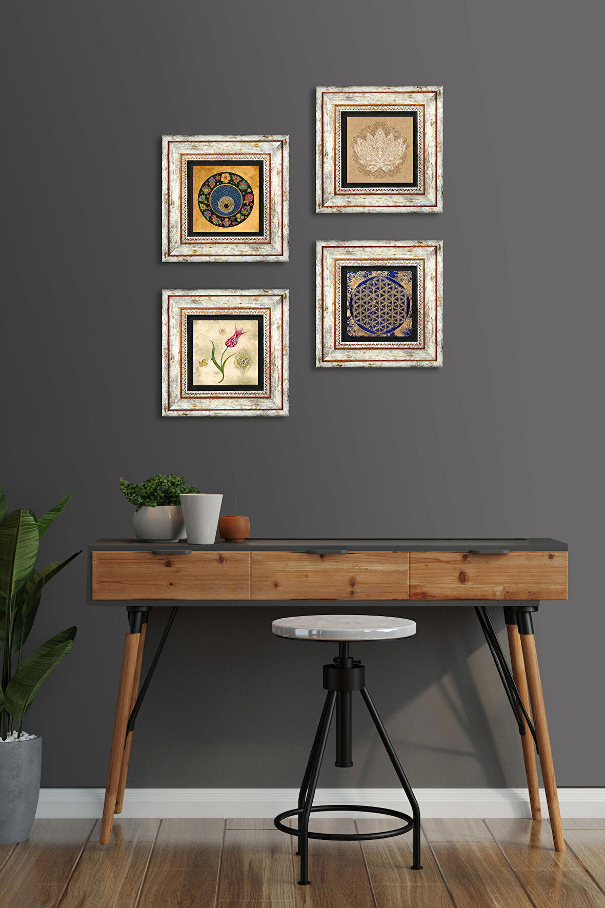 Lotus Çiçeği, Yaşam Çiçeği, Lale, Nazar Taş Duvar Tablosu Çerçeveli Duvar Dekoru 4 Parça Tablo Seti Wall Art